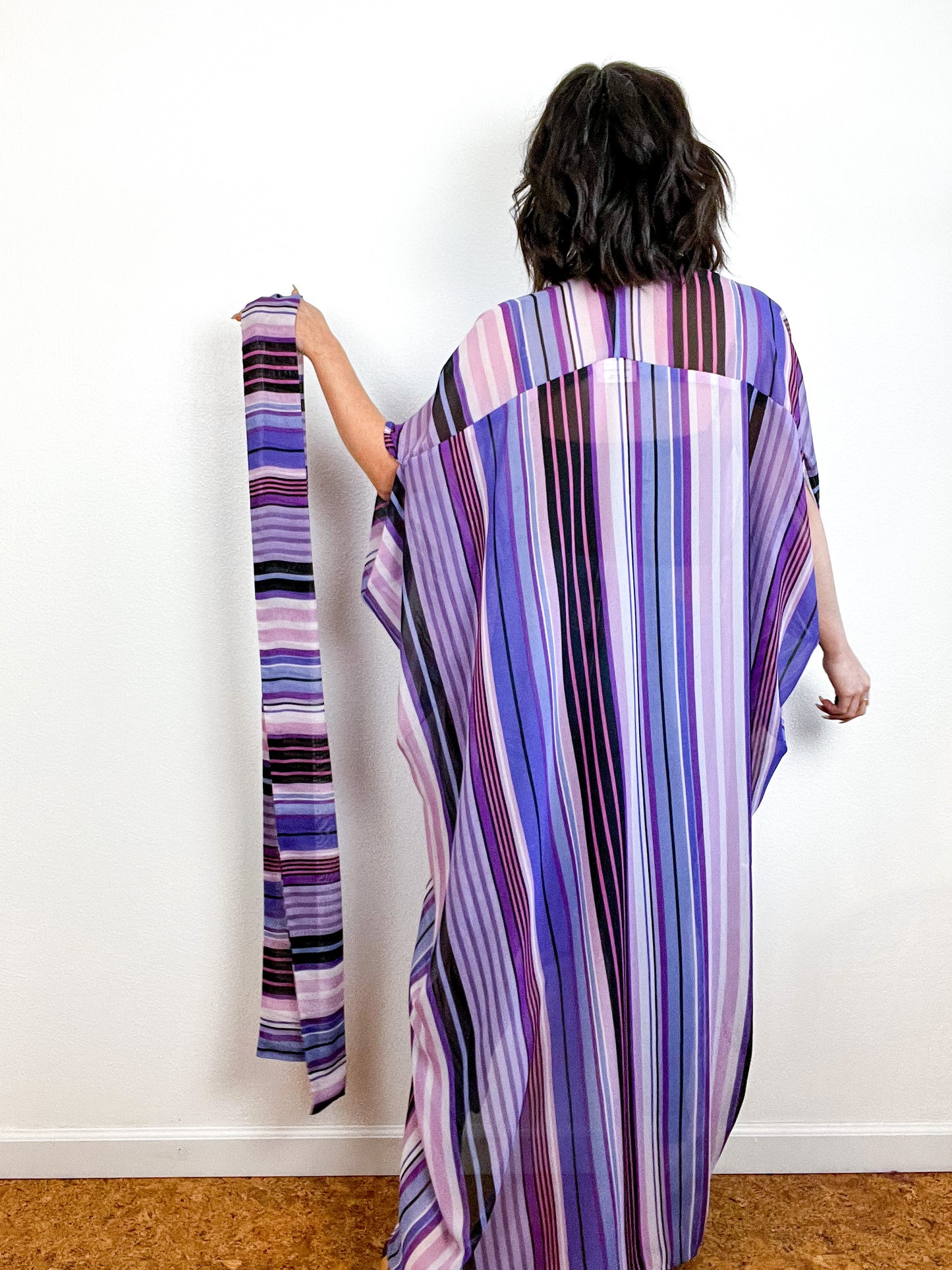 Print High Low Kimono Purple Stripes Chiffon