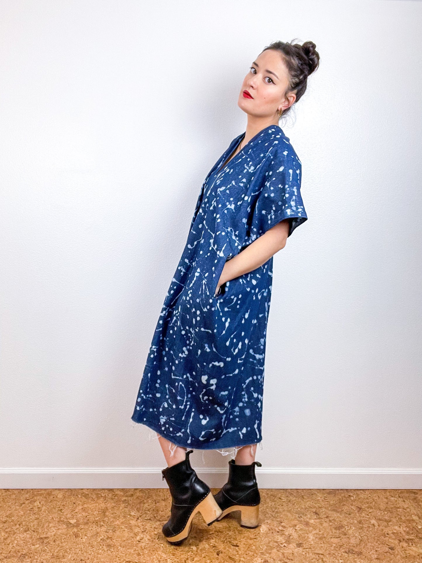 Denim Smock Dress Midi Bleach Speckles