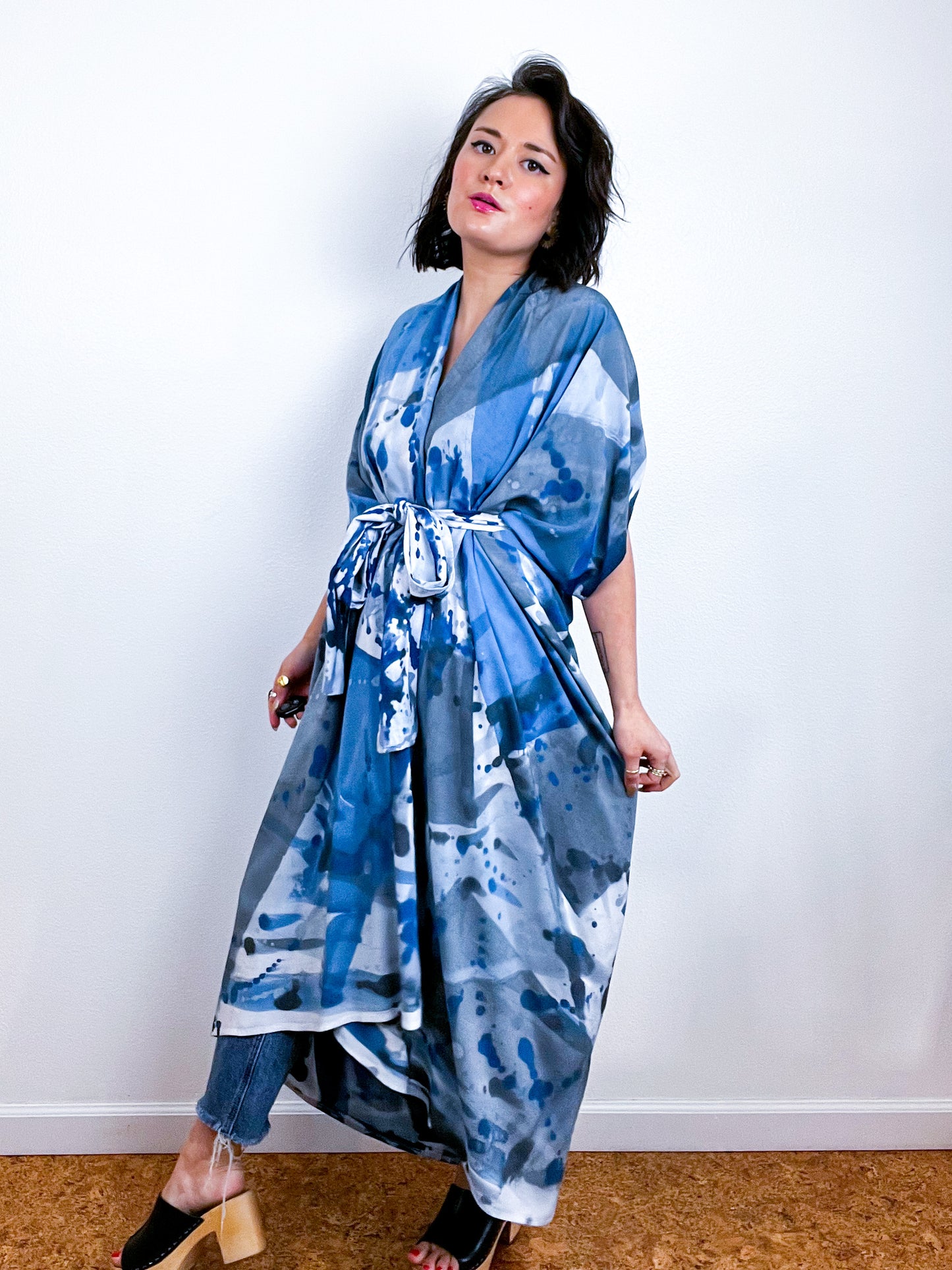 Hand-Dyed High Low Kimono Blue Grey Prism