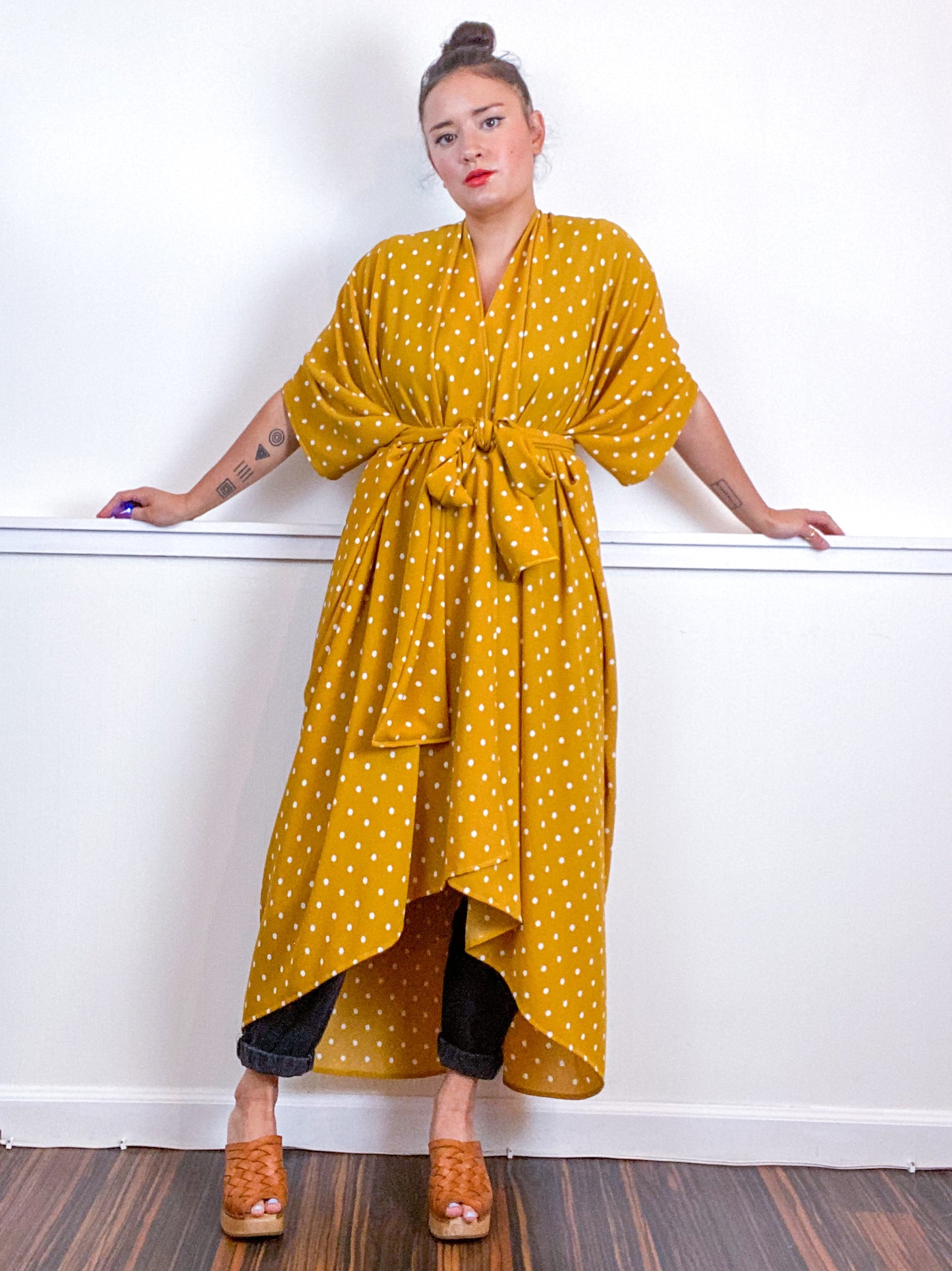 Print High Low Kimono Marigold Polka Dots Bubble Crepe