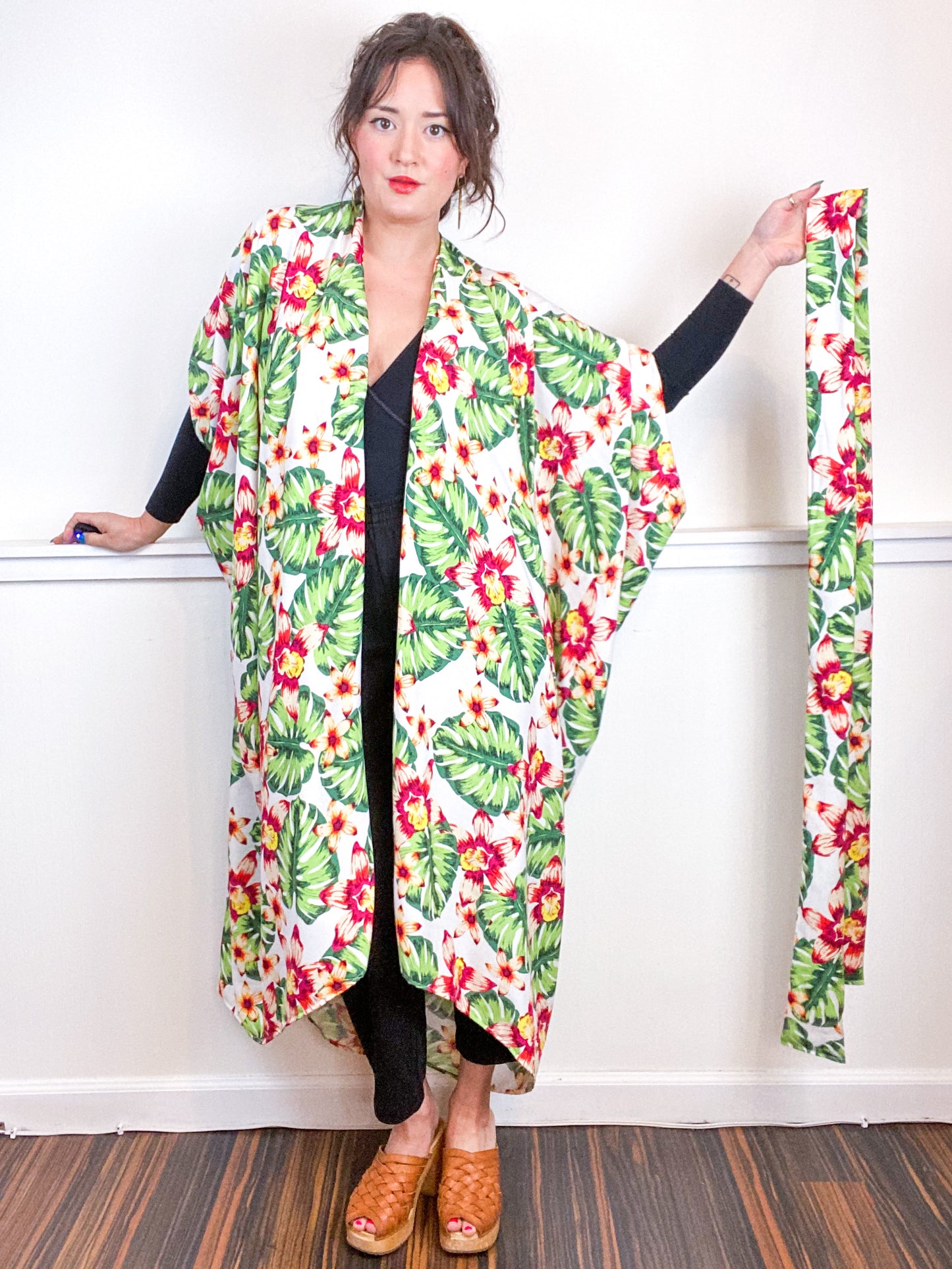 Print High Low Kimono White Tropical Rayon Challis