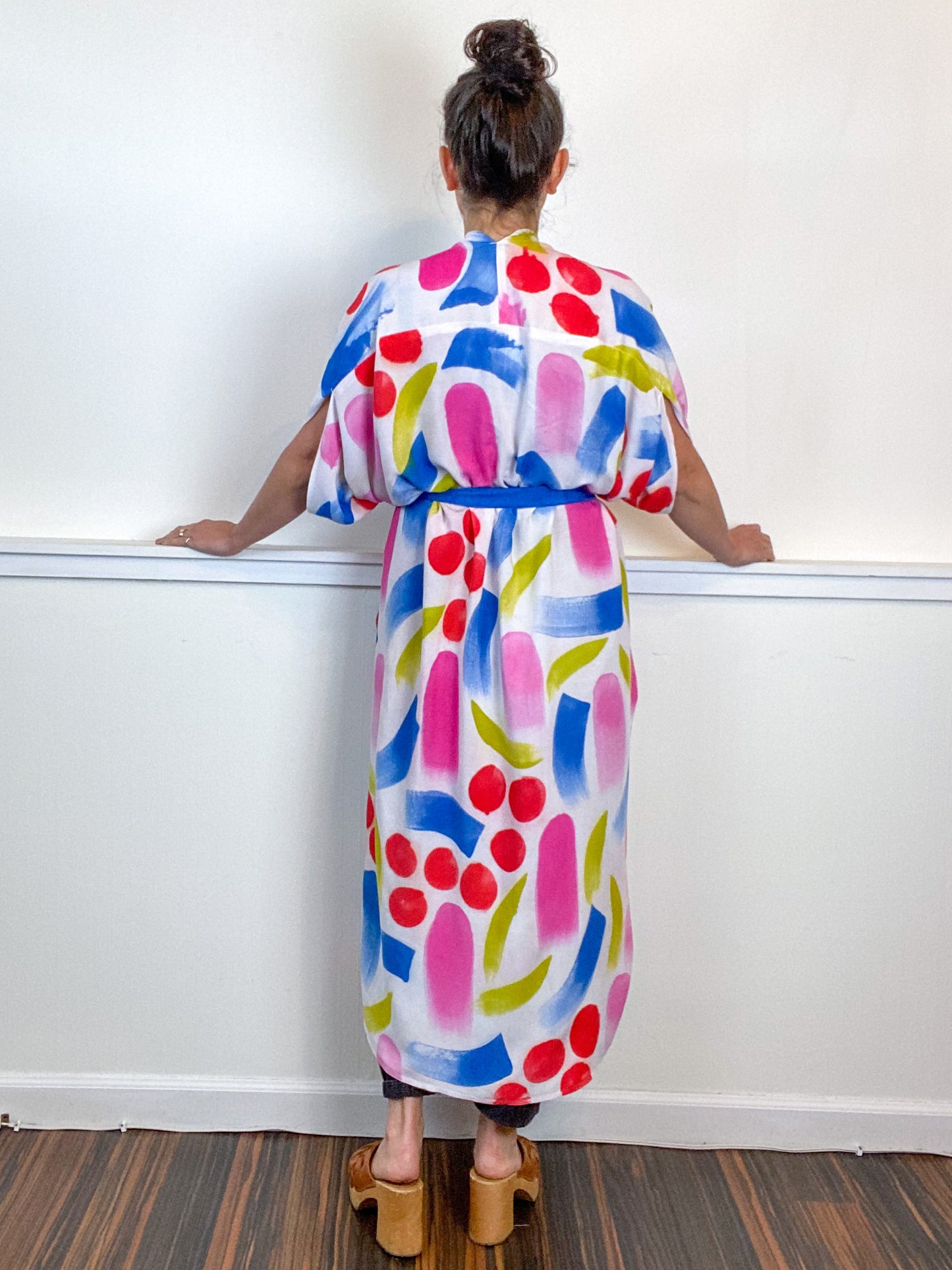 OOAK Hand-Dyed High Low Kimono Scarlet Pink Chartreuse Sky