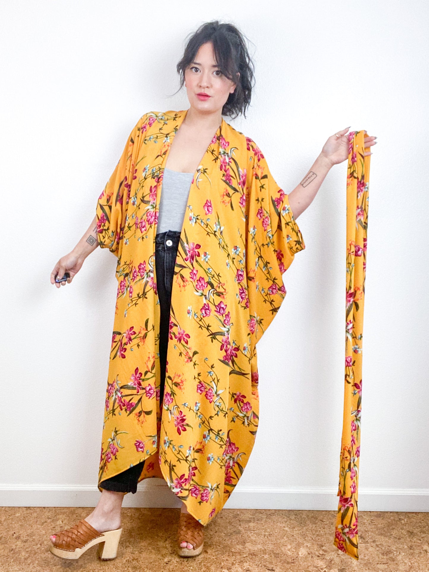 Print High Low Kimono Marigold Floral Bubble Crepe