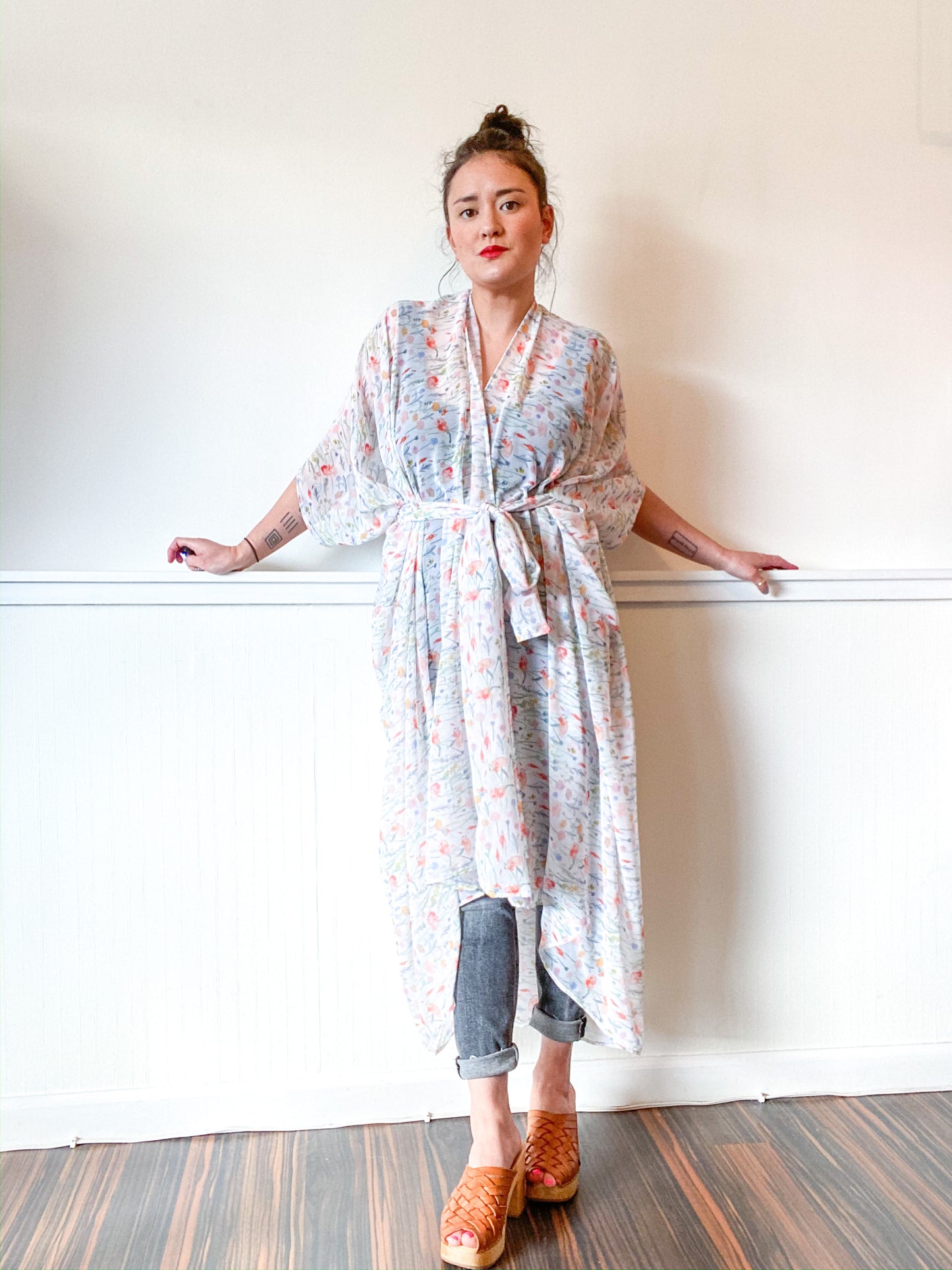 Print High Low Kimono White Floral Chiffon