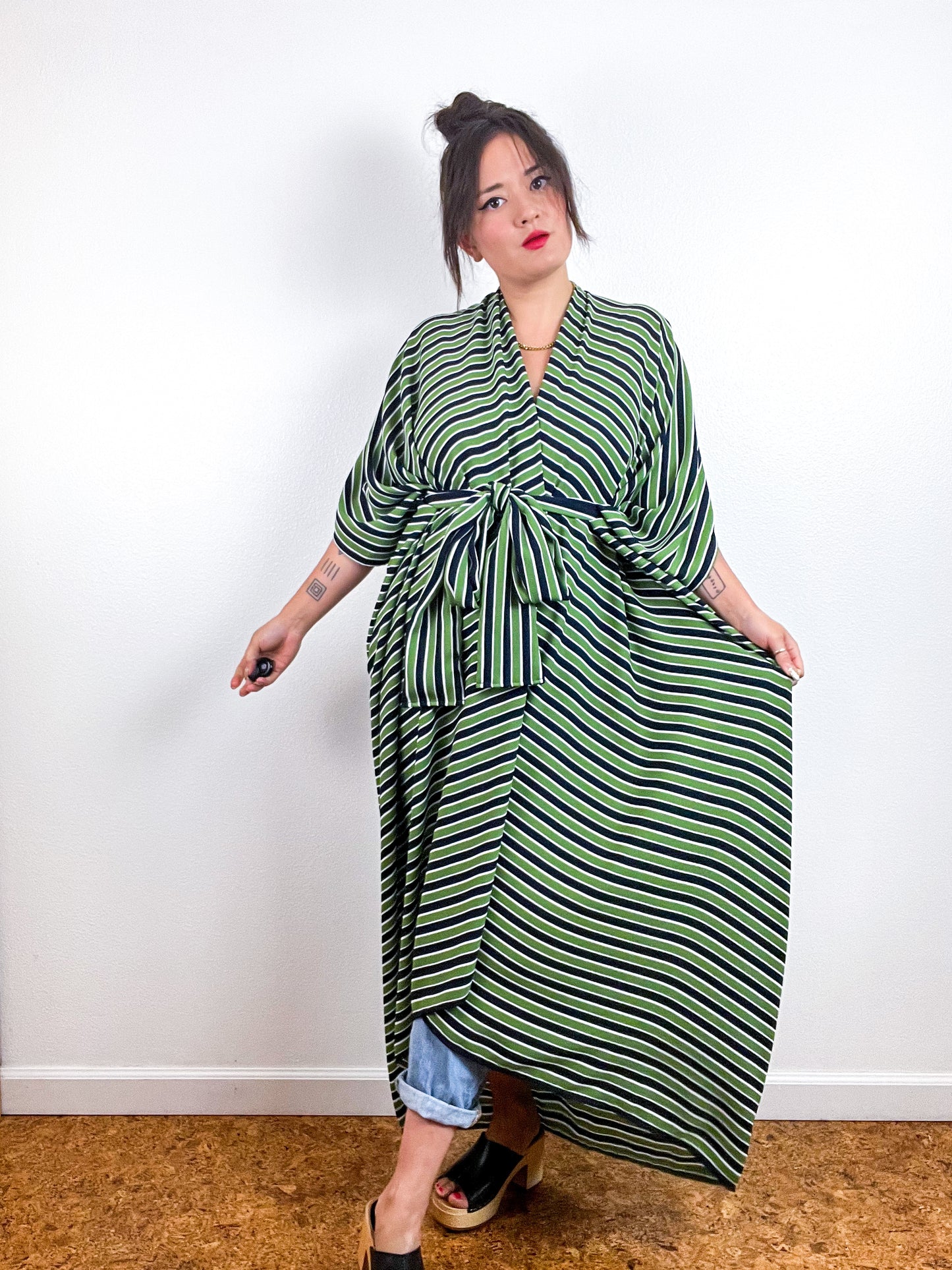 Print High Low Kimono Navy Green Stripe Double Crepe