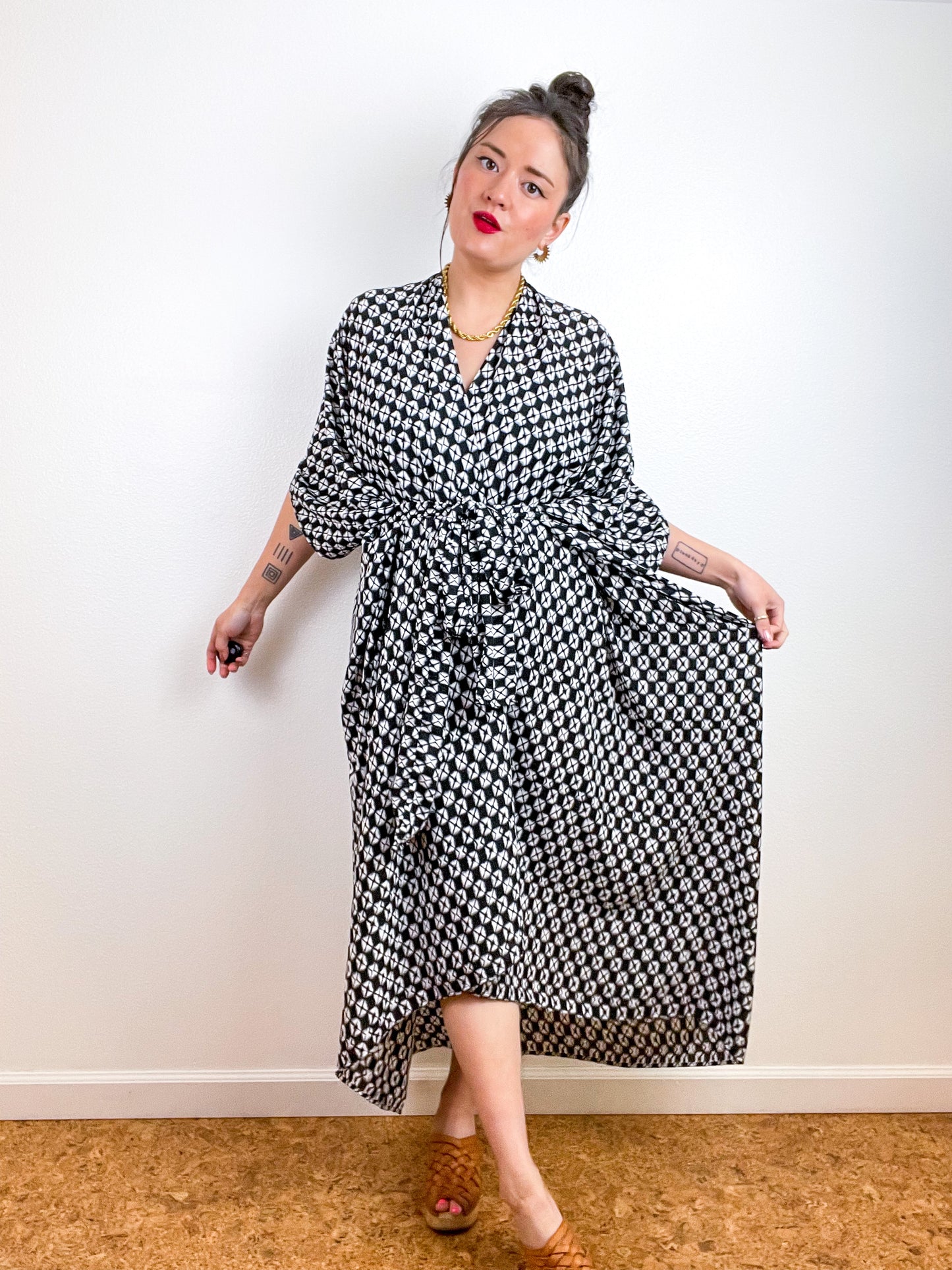 Print High Low Kimono Black Faux Shibori Georgette