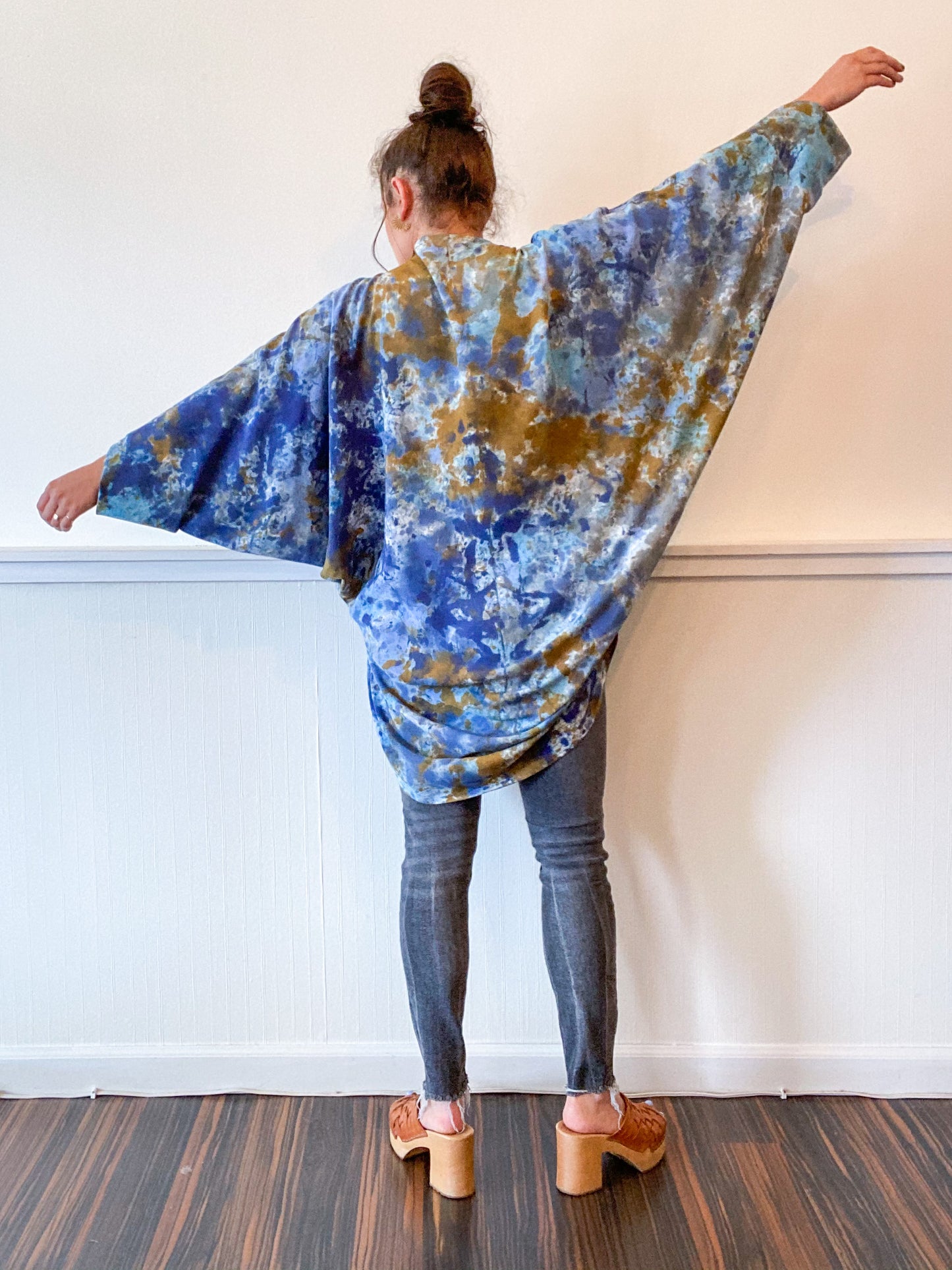 Hand-Dyed Waterfall Kimono Blue Bronze Splatter