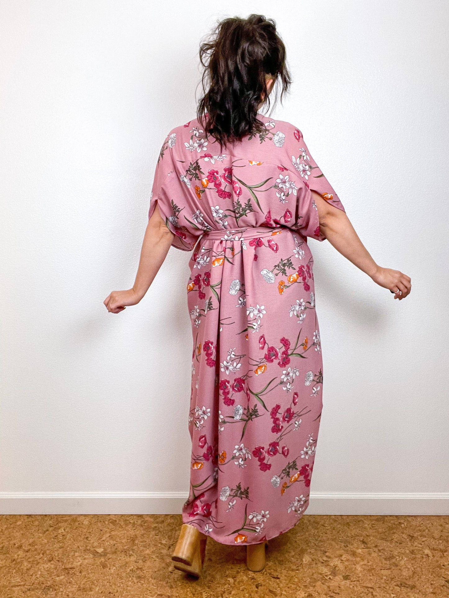 Print High Low Kimono Mauve Floral Crinkle Gauze