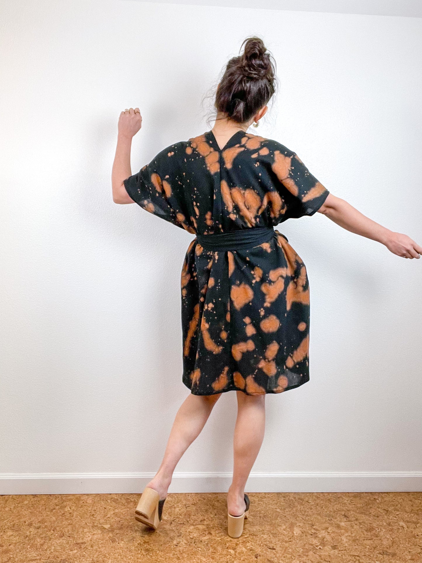 Single Gauze Mini Caftan Dress Black Rust