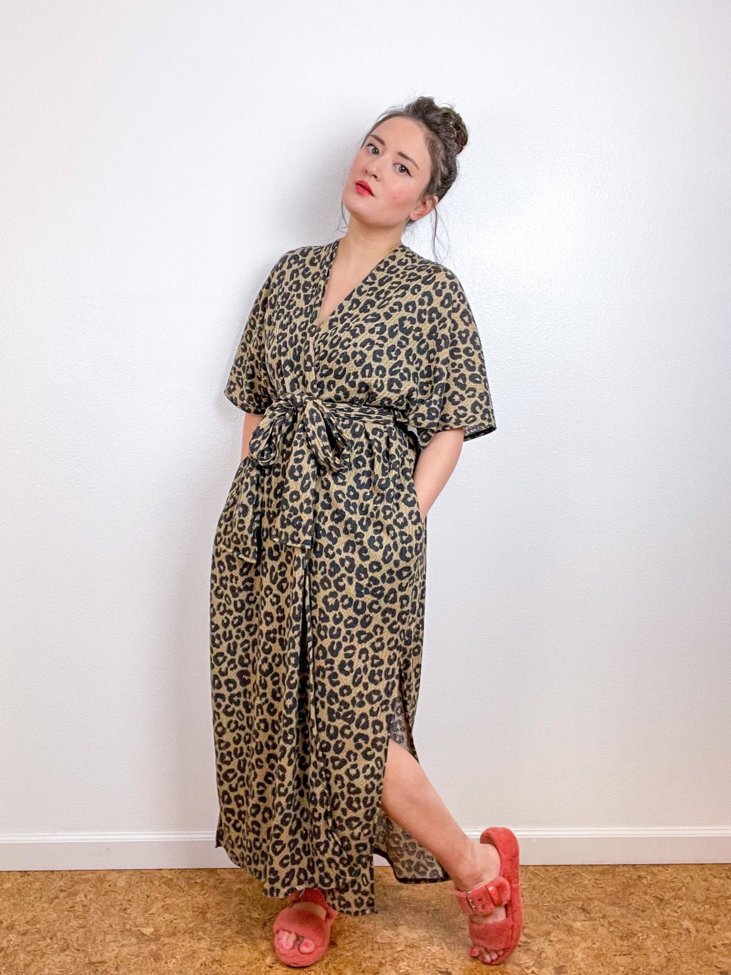 Waffle Knit Duster Kimono Leopard