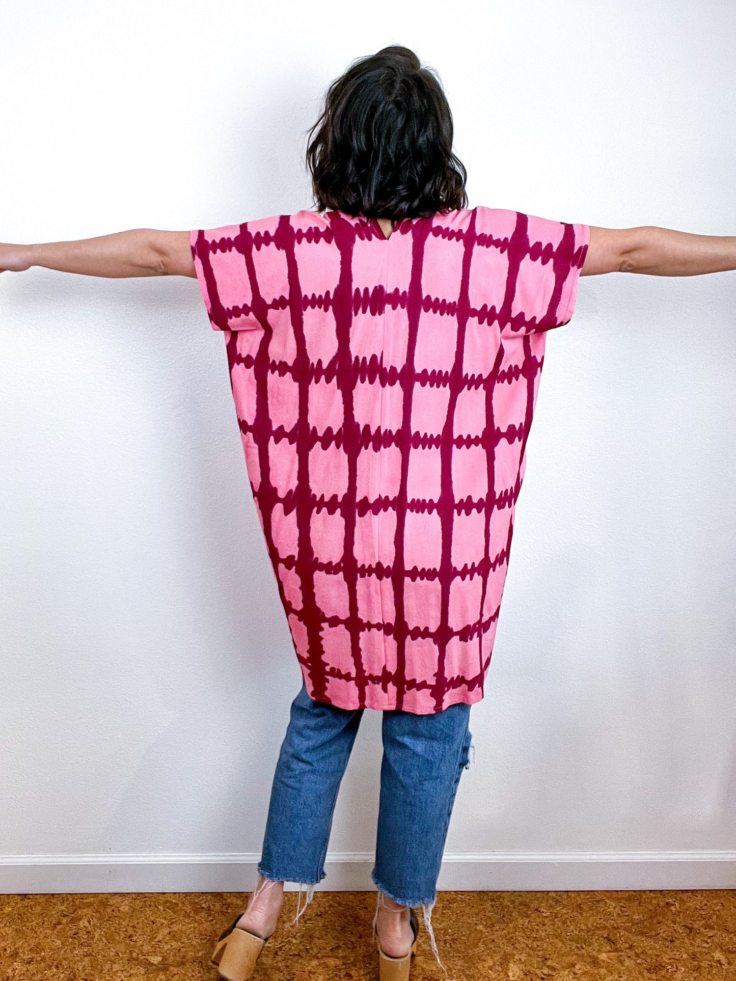 Hand-Dyed Mini Smock Dress Pink Maroon Windowpane