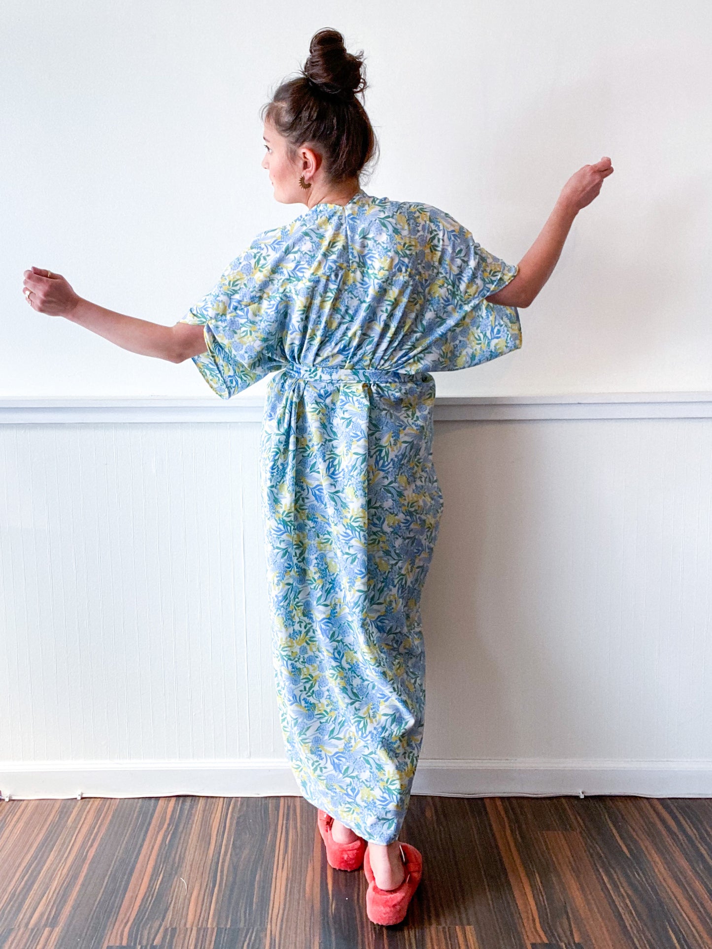 Print High Low Kimono Aqua Yellow Floral Crepe de Chine