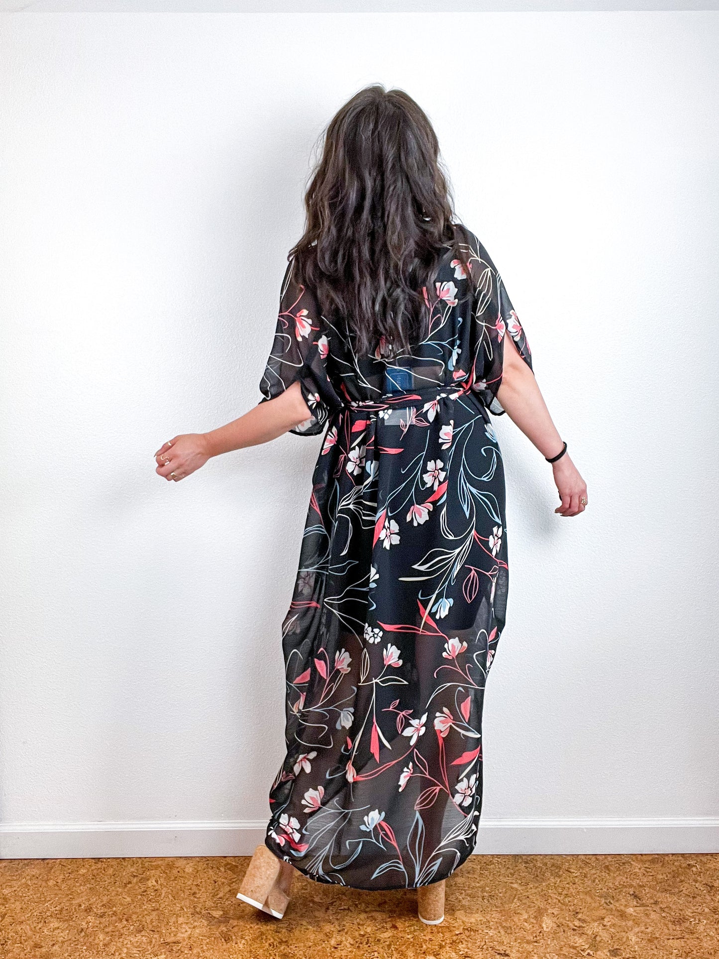Print High Low Kimono Black Whispy Floral Crinkle Chiffon