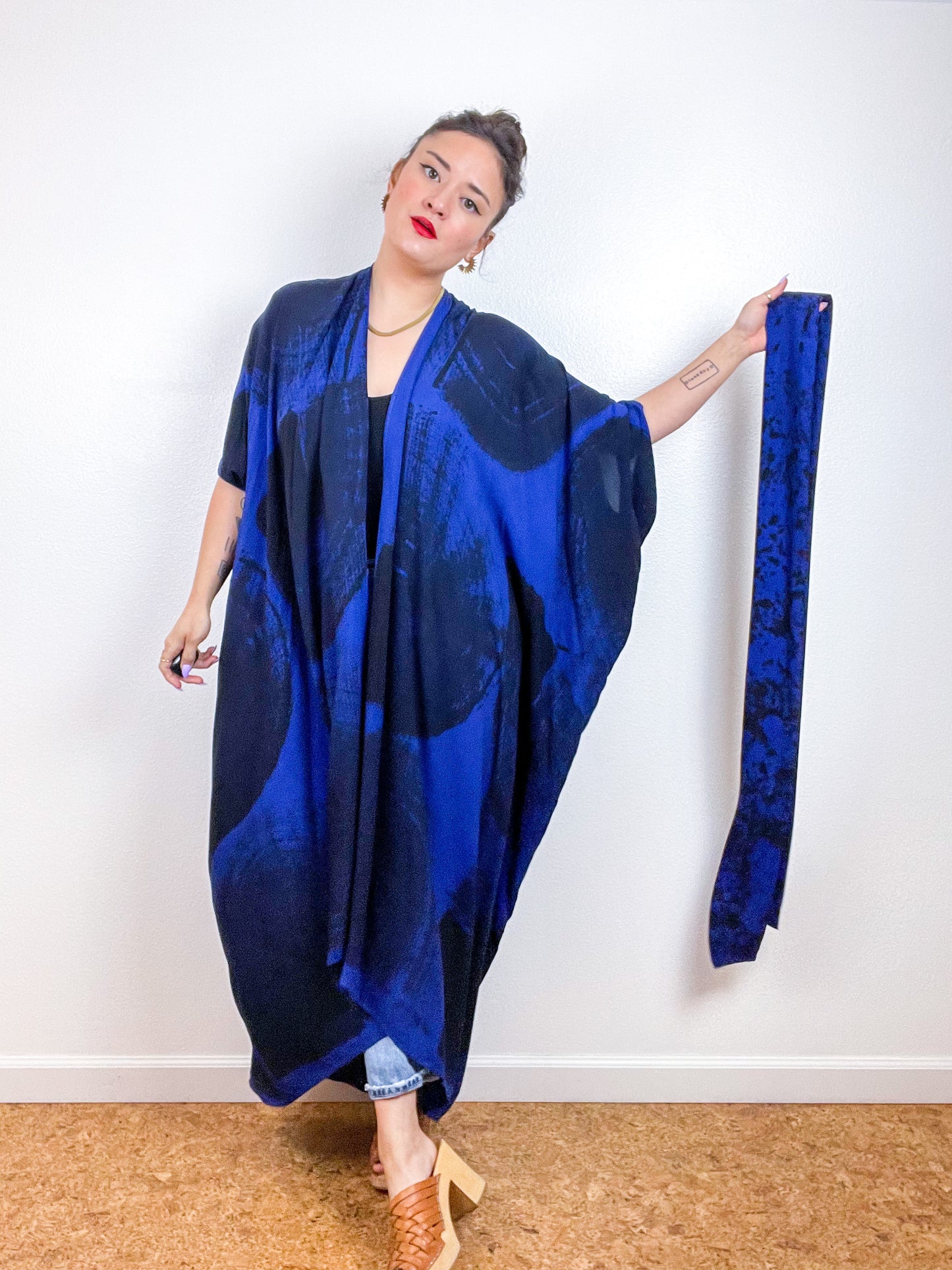 Hand-Dyed High Low Kimono Royal Blue Black Brushstroke