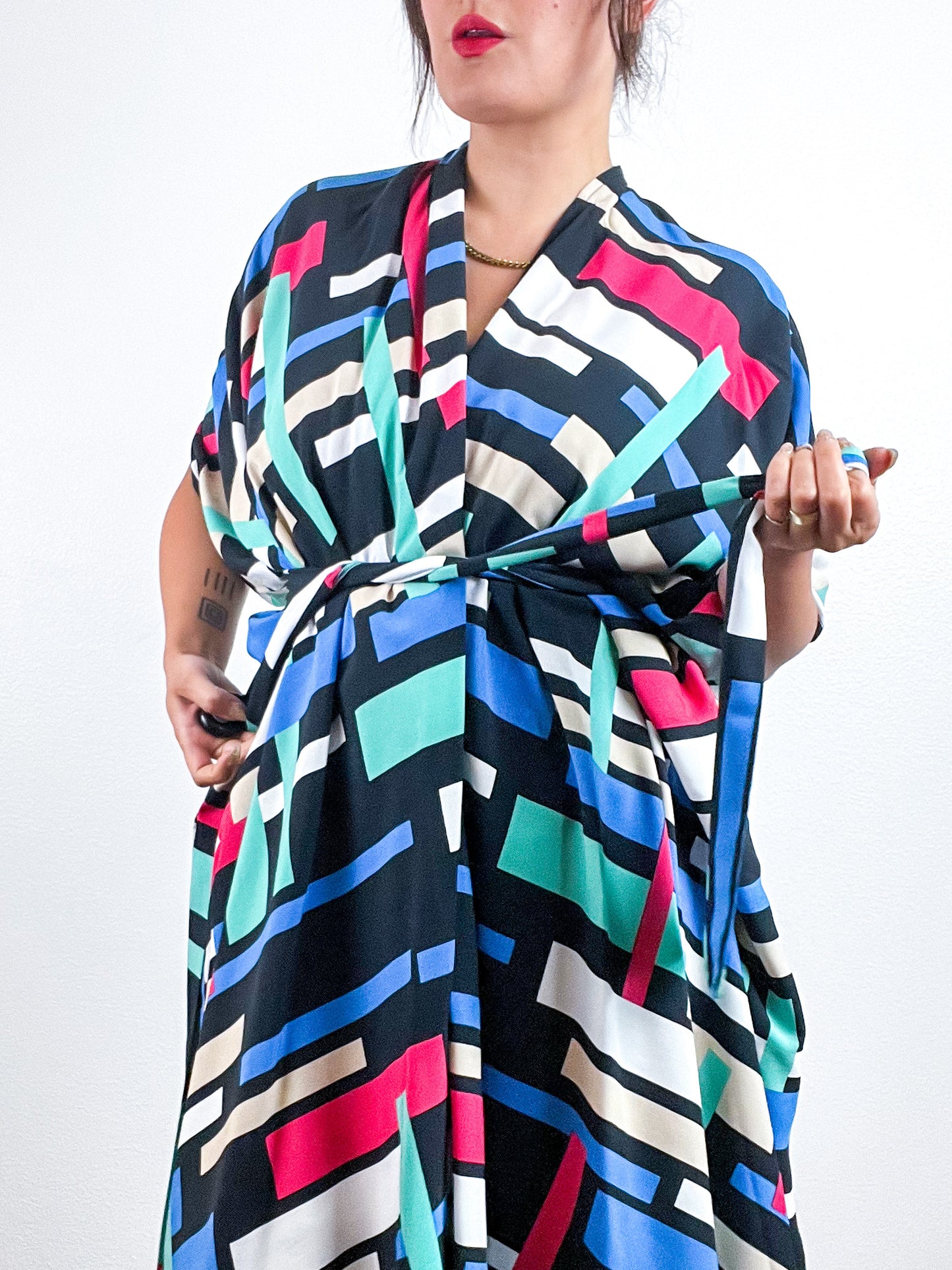 Print High Low Kimono Multicolor Rectangles Challis