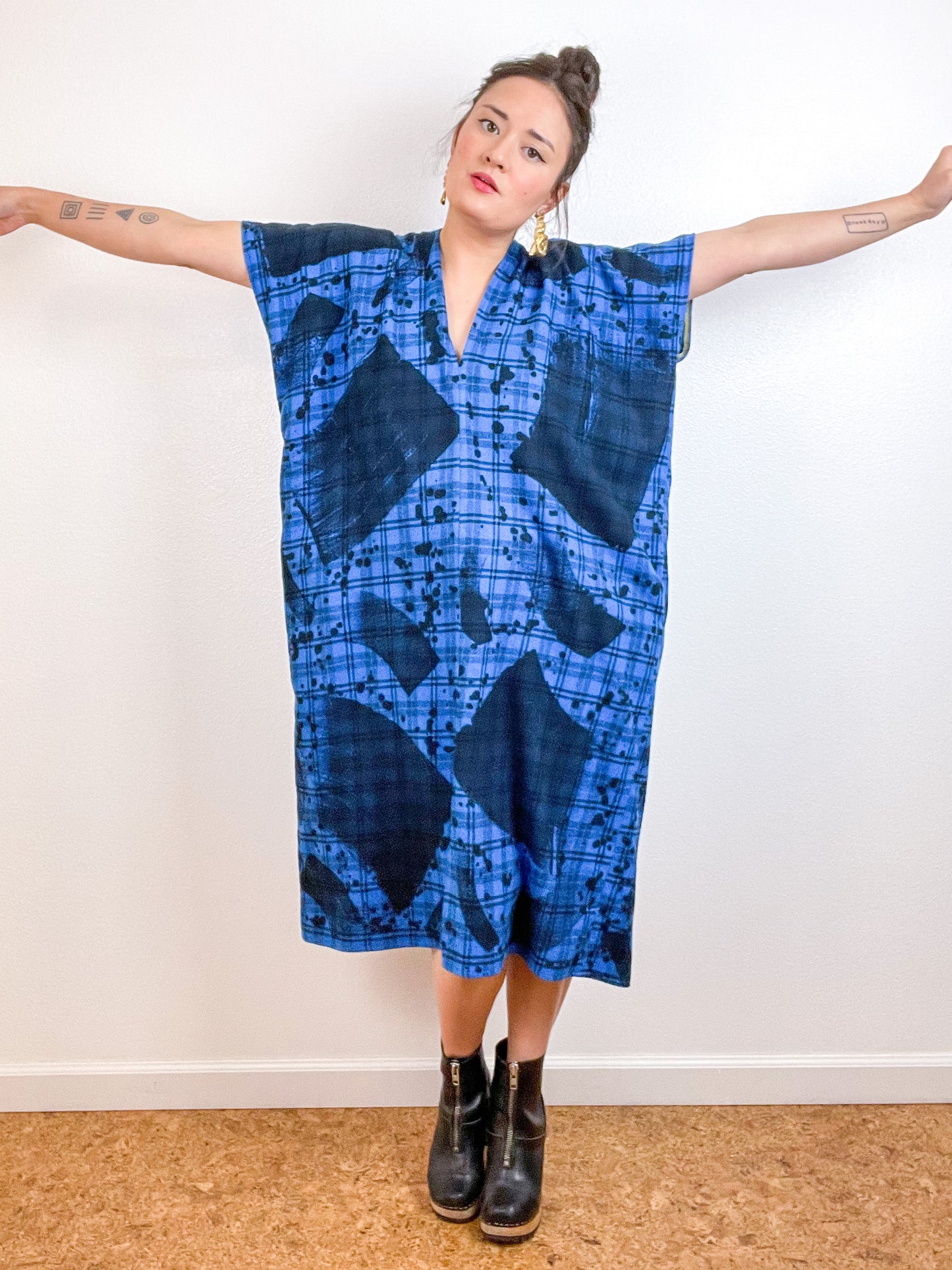 Disrupted Plaid Flannel Smock Dress Blue Brushstrokes