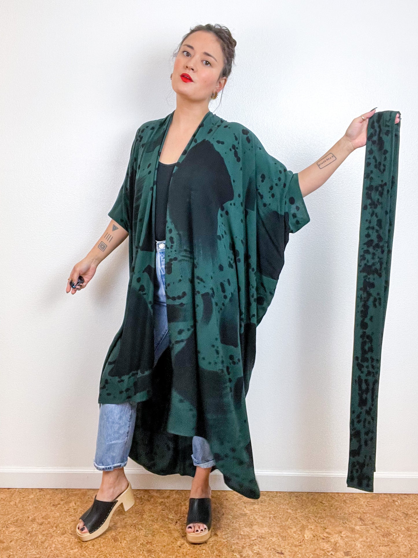 Hand-Dyed High Low Kimono Emerald Black Confetti