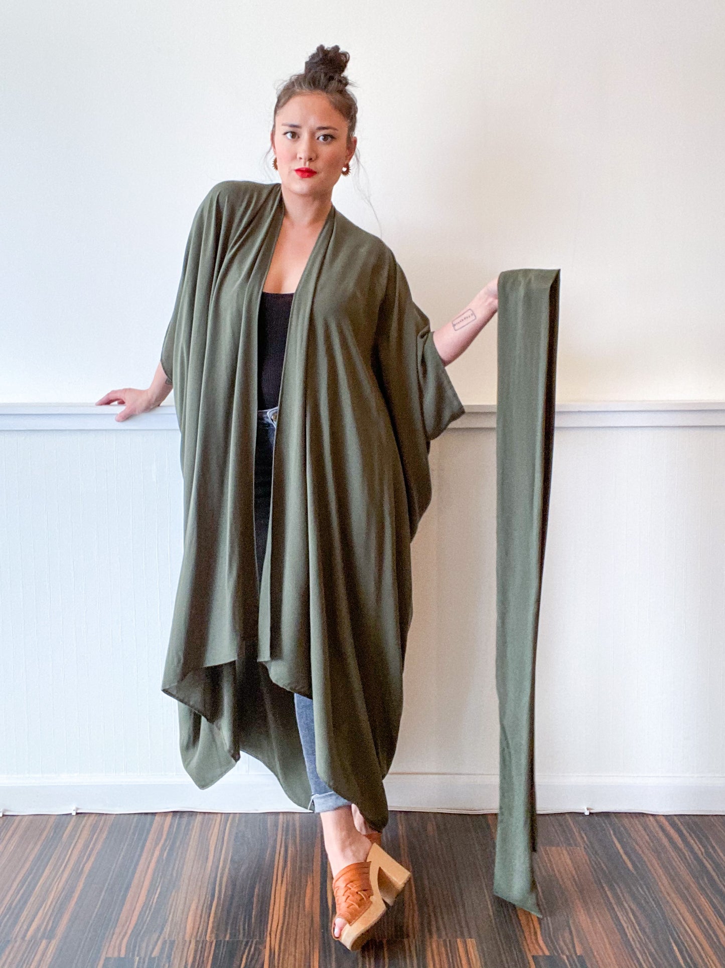 Print High Low Kimono Solid Olive Rayon Challis