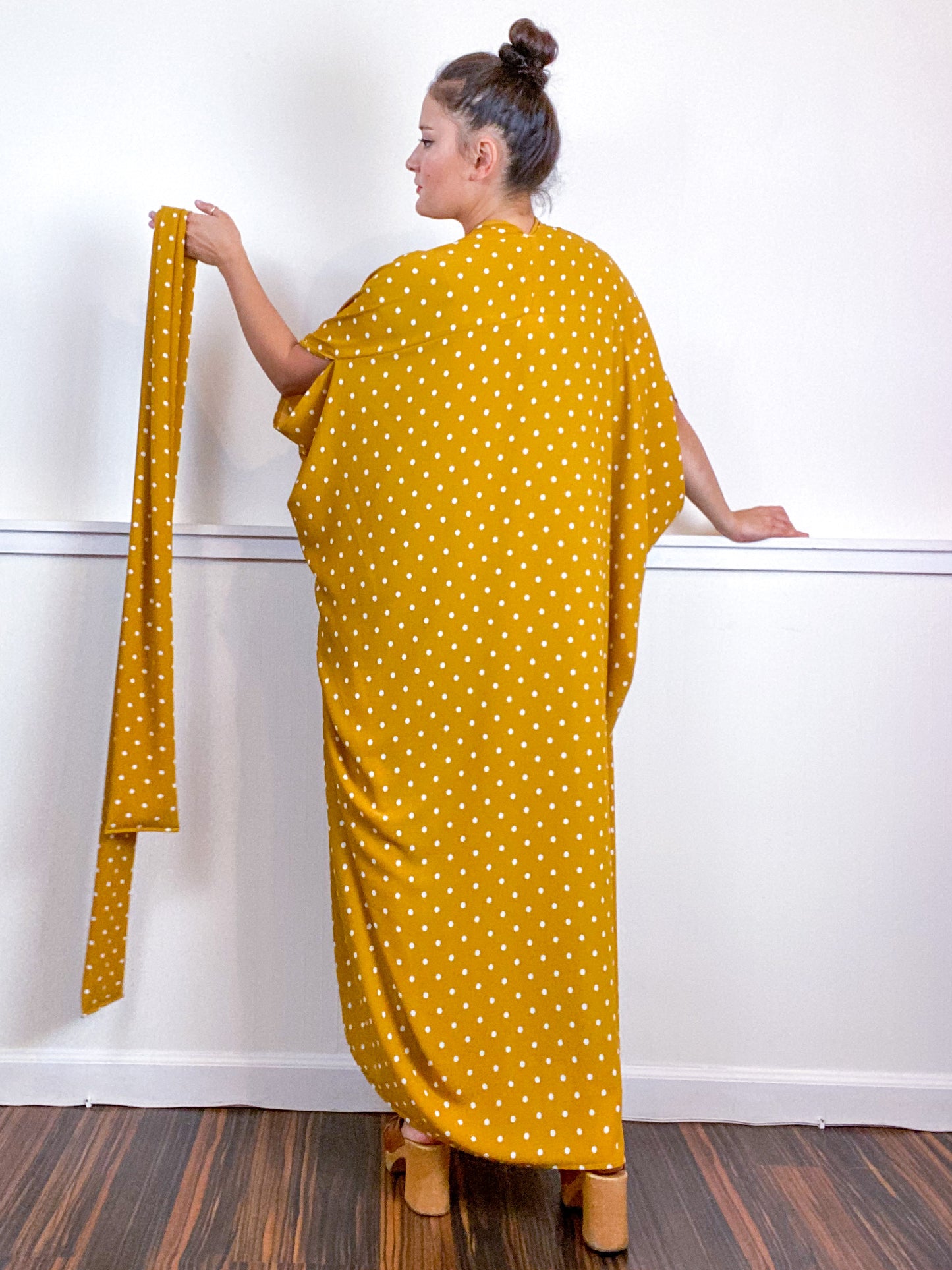 Print High Low Kimono Marigold Polka Dots Bubble Crepe