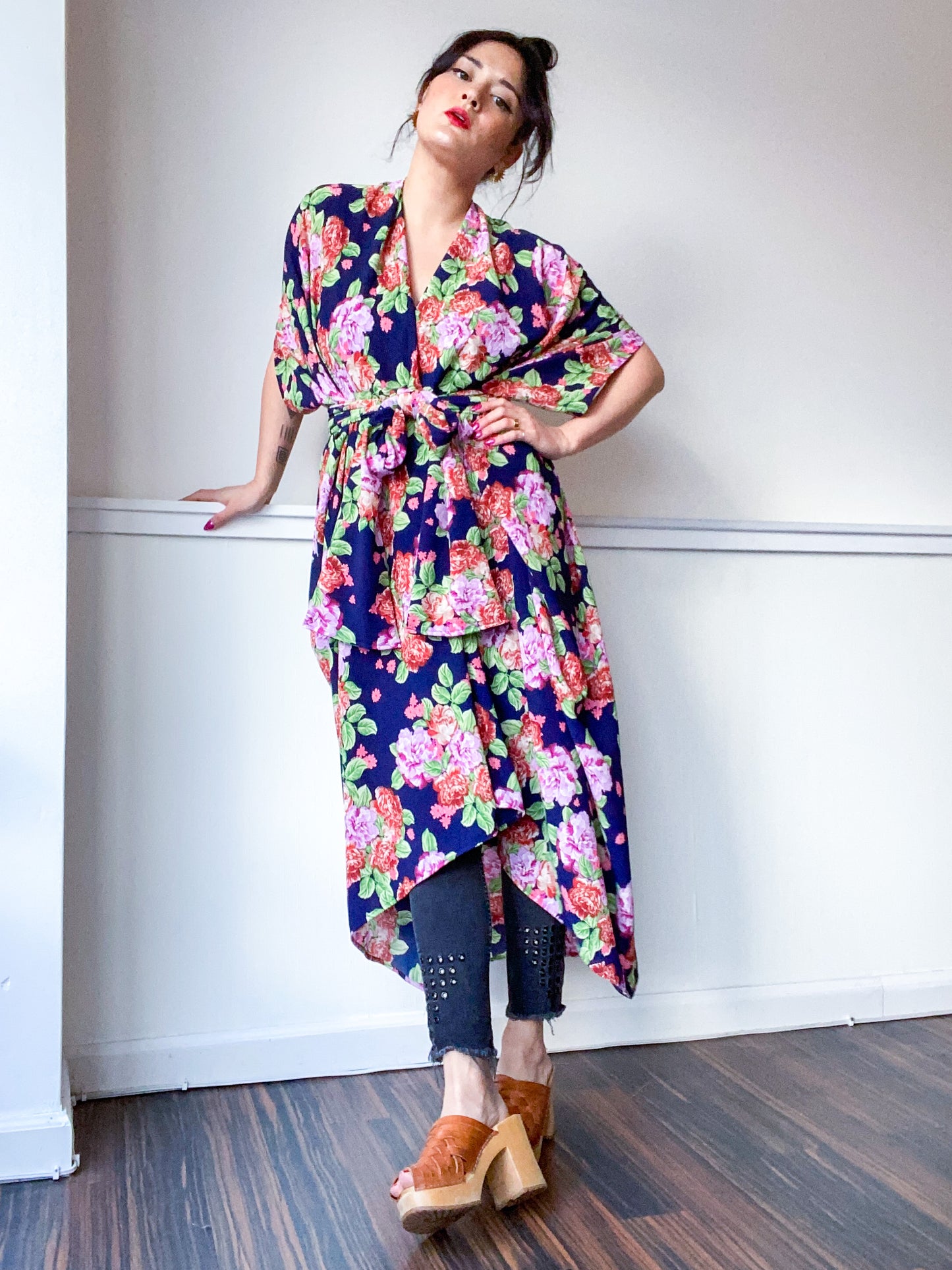 Print High Low Kimono Peony Bouquet Bubble Crepe