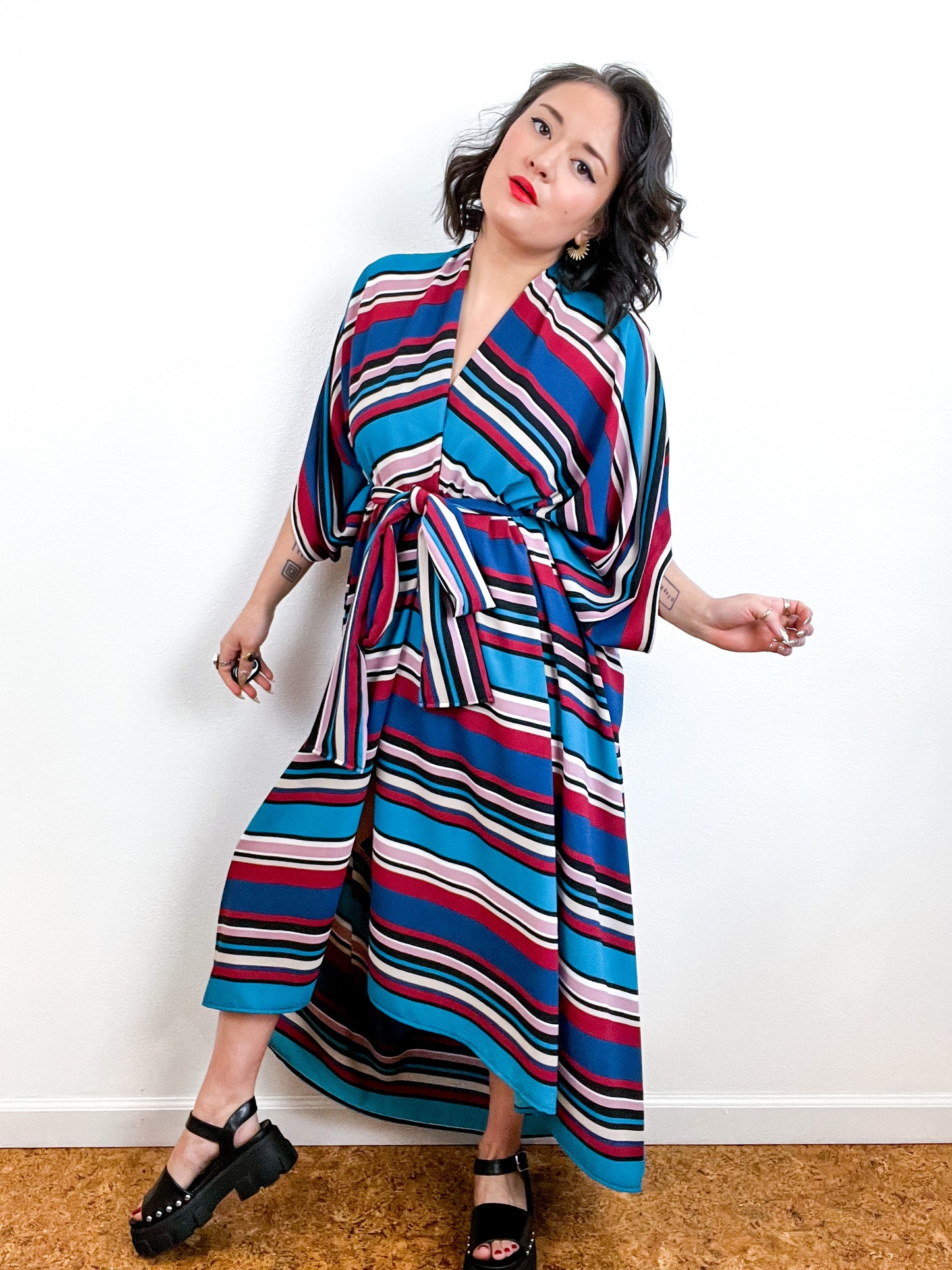 Print High Low Kimono Turquoise Maroon Stripe Bubble Crepe