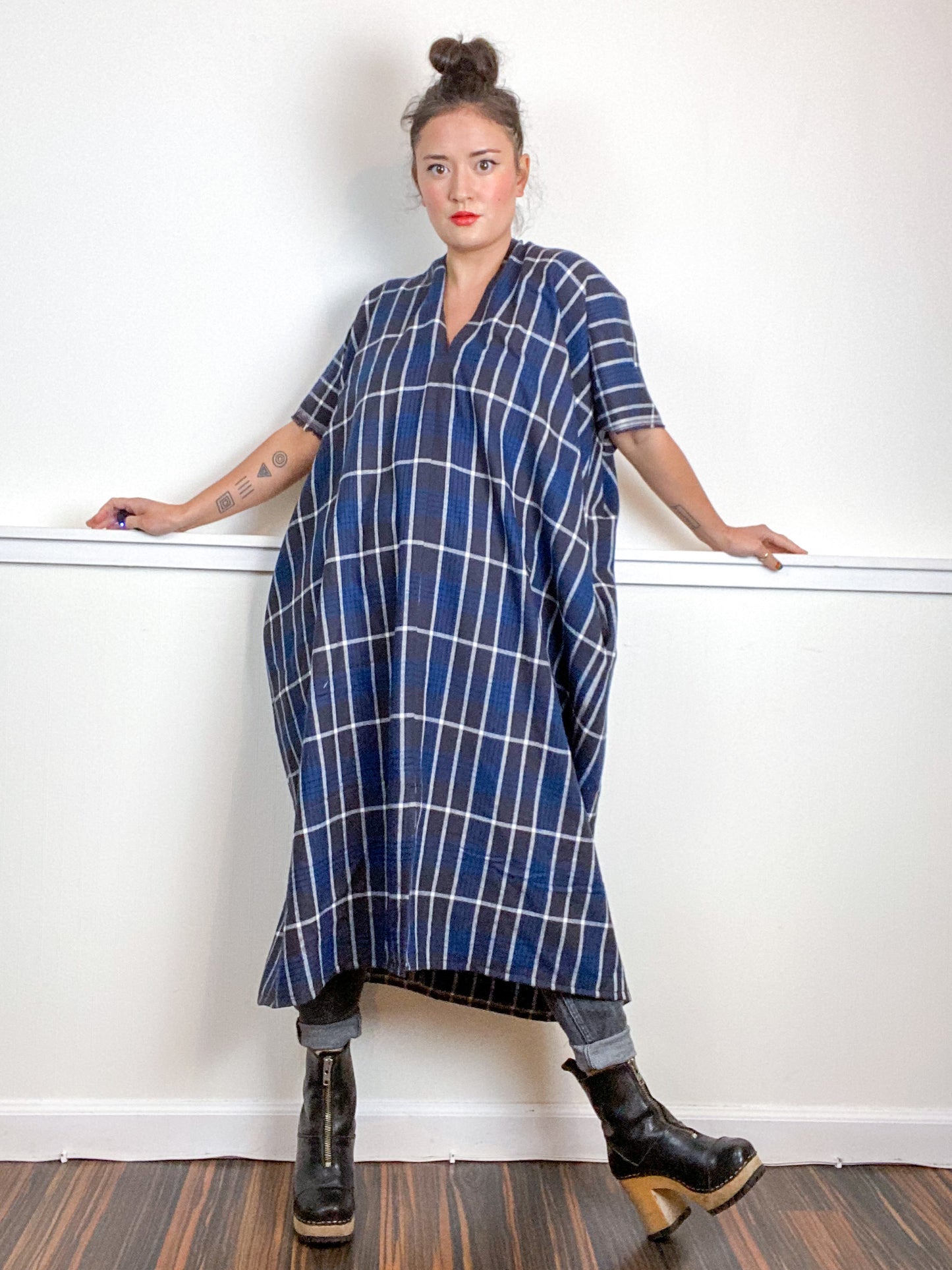 Plaid Smock Dress Charcoal Blue Midi