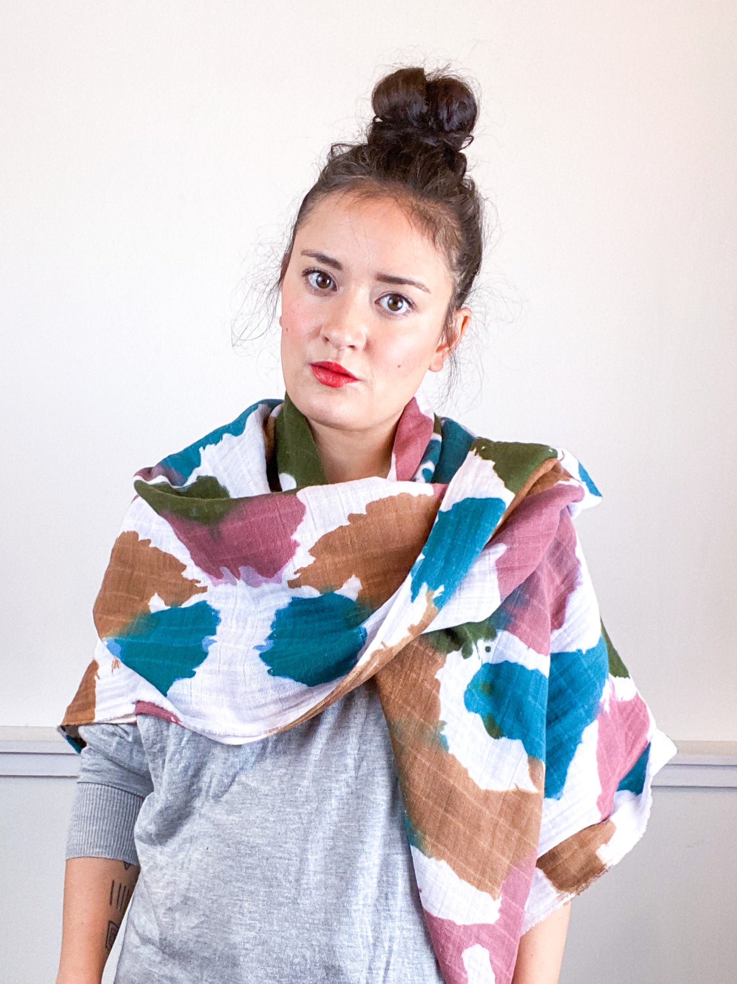 Hand-Dyed Large Square Scarf Terracotta Moss Maroon Kingfisher