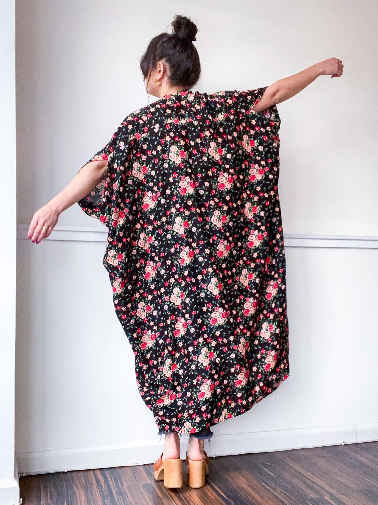 Print High Low Kimono Black Mini Red Rose Floral