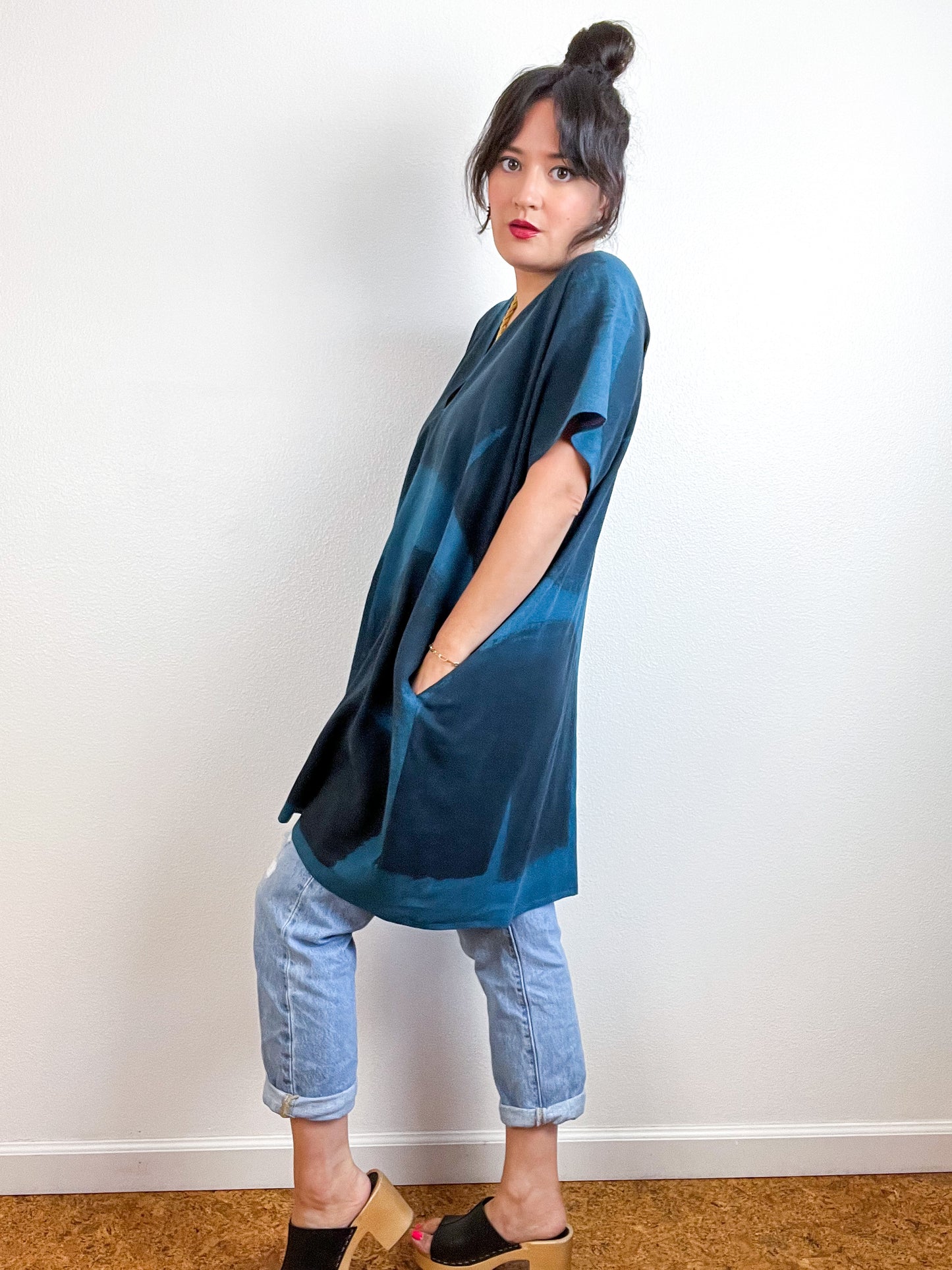 Hand-Dyed Mini Smock Dress Teal Black Brush