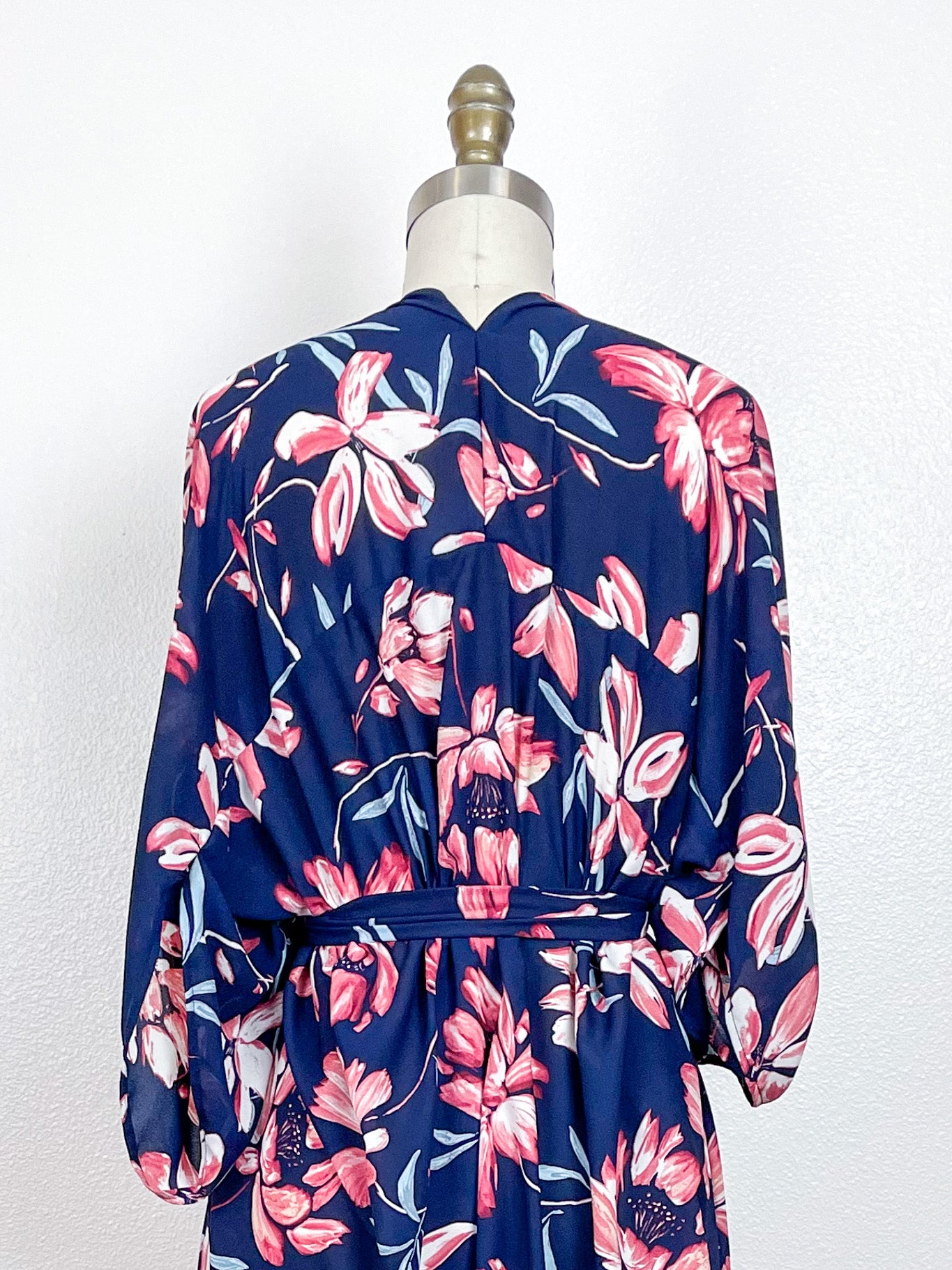 Print High Low Kimono Navy Peach Magnolia Georgette