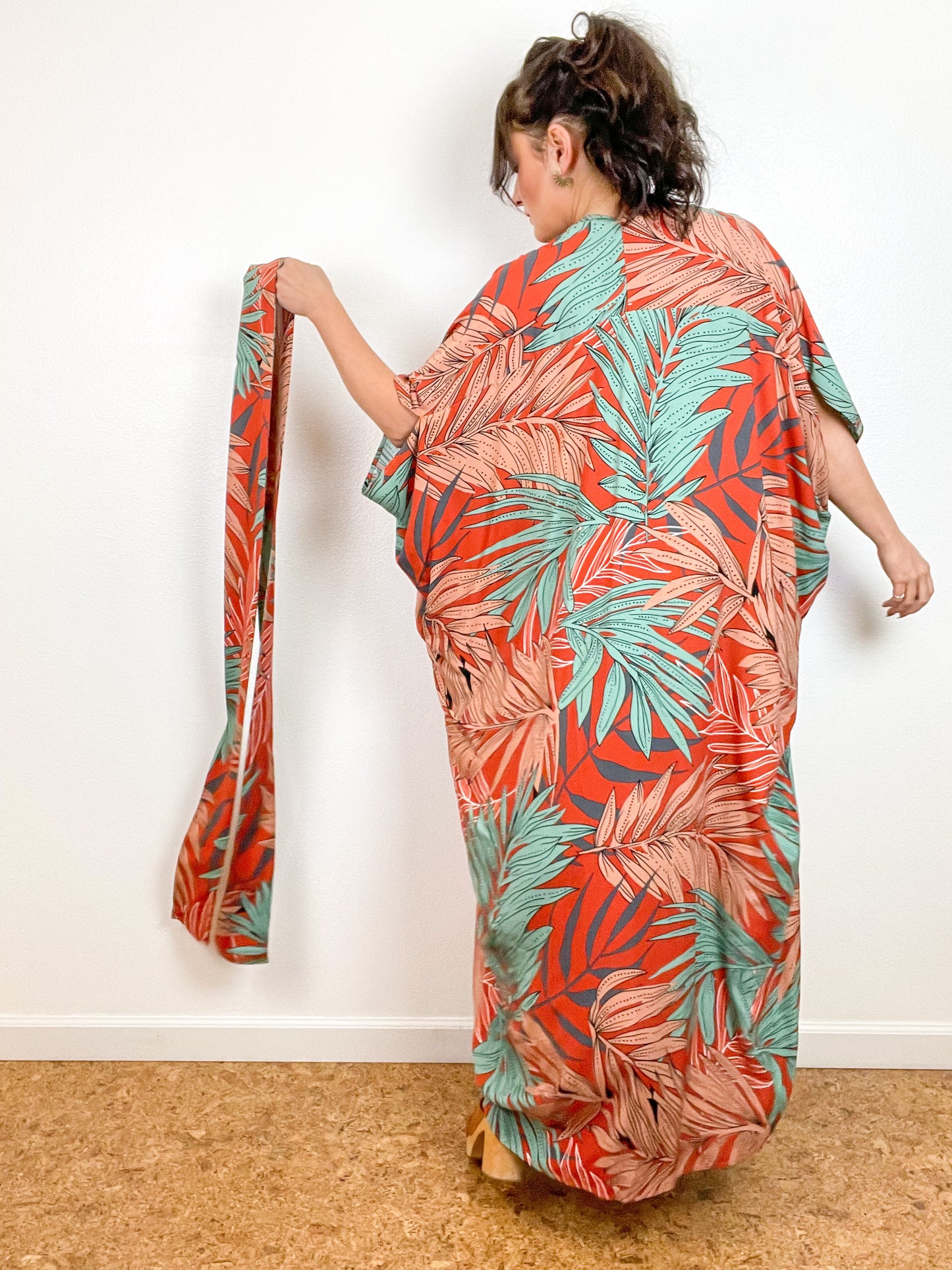 Print High Low Kimono Rust Aqua Palm Leaves Challis