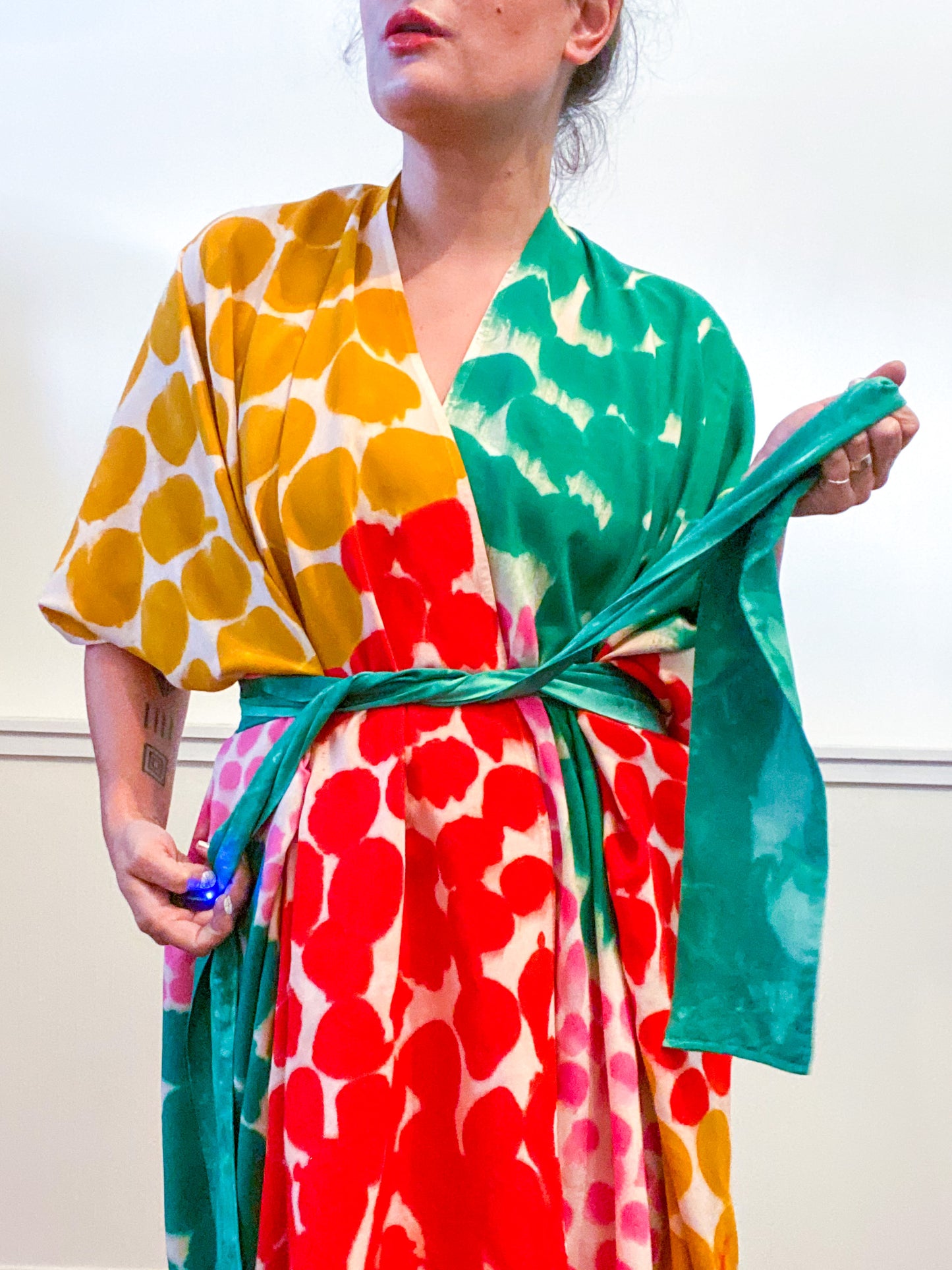 Limited Edition Hand-Dyed High Low Kimono Emerald Scarlet Pink Marigold