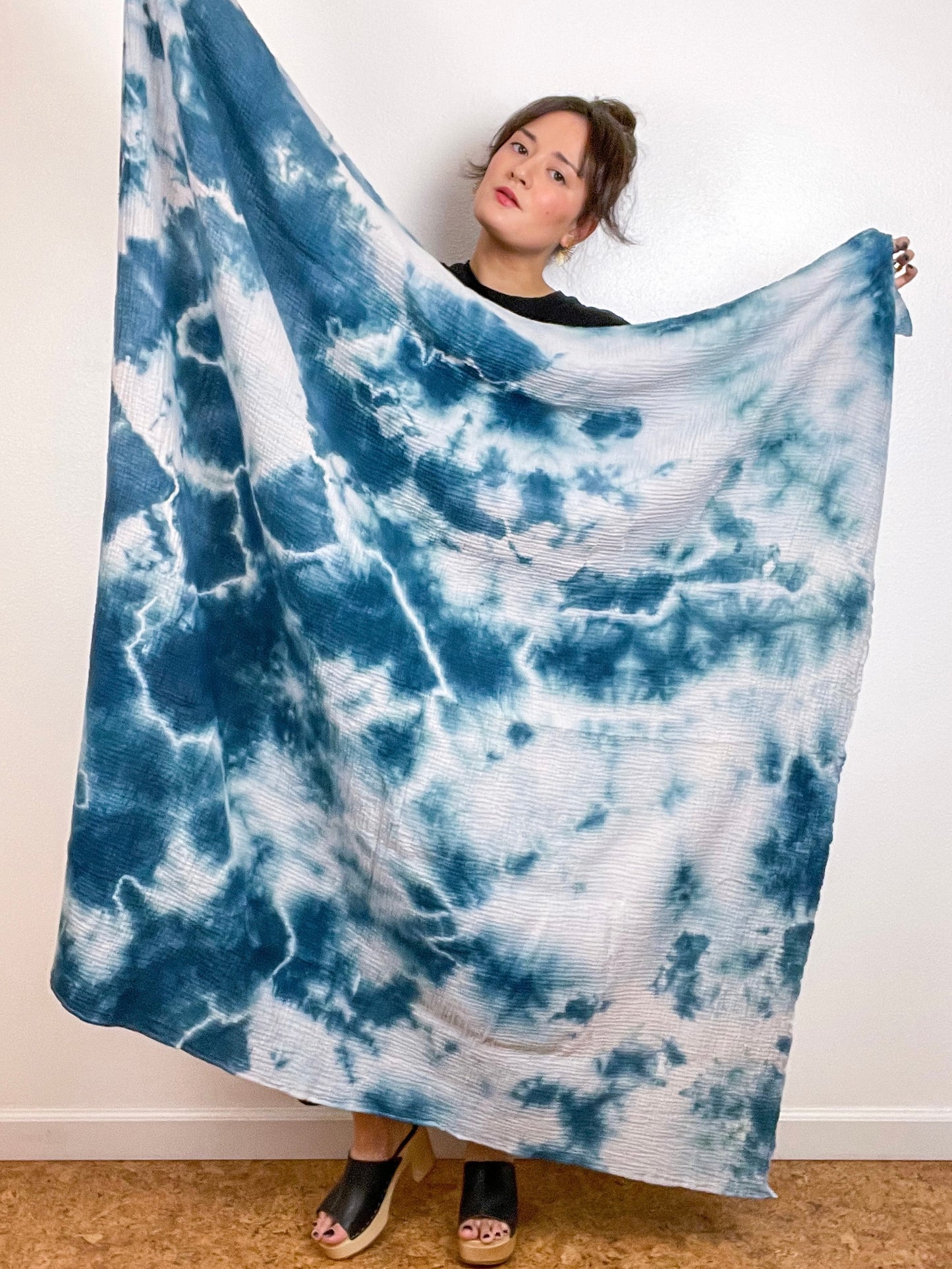 Hand-Dyed Double Gauze Blanket Scarf Teal Tie