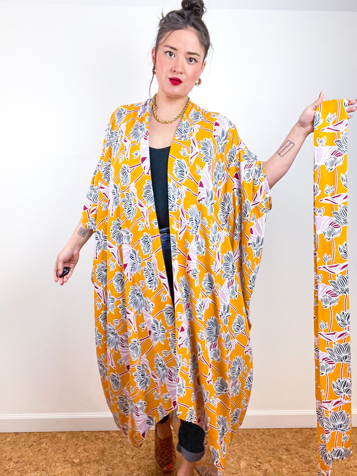 High Low Kimono Marigold Lotus Rayon Crepe
