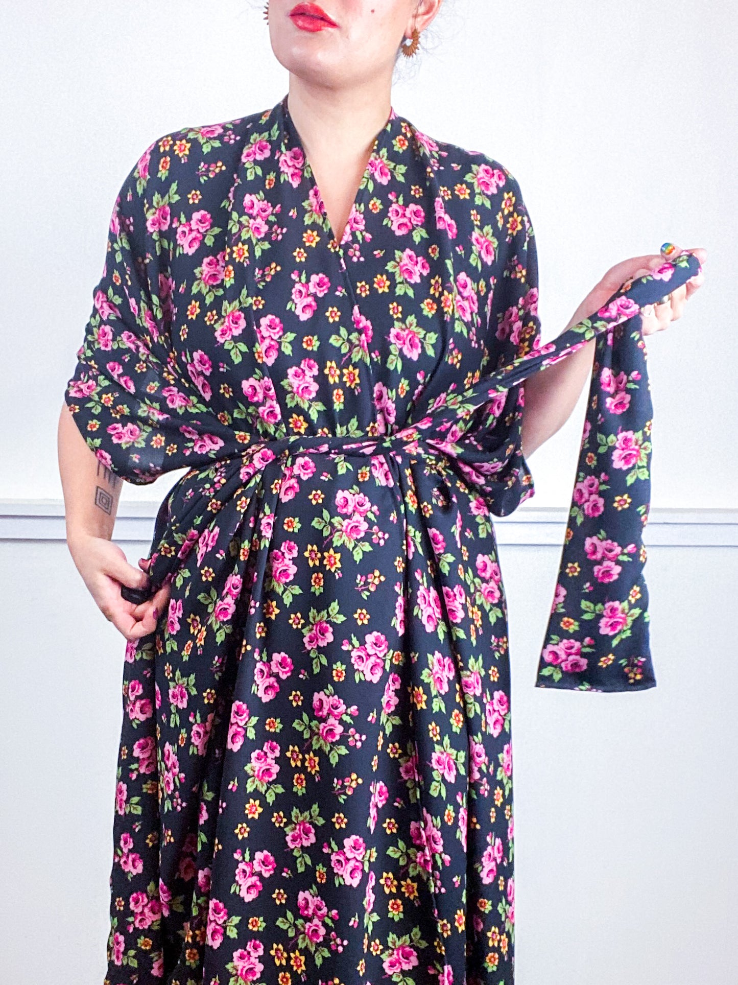 Print High Low Kimono Aqua Pink Green Black Floral Georgette