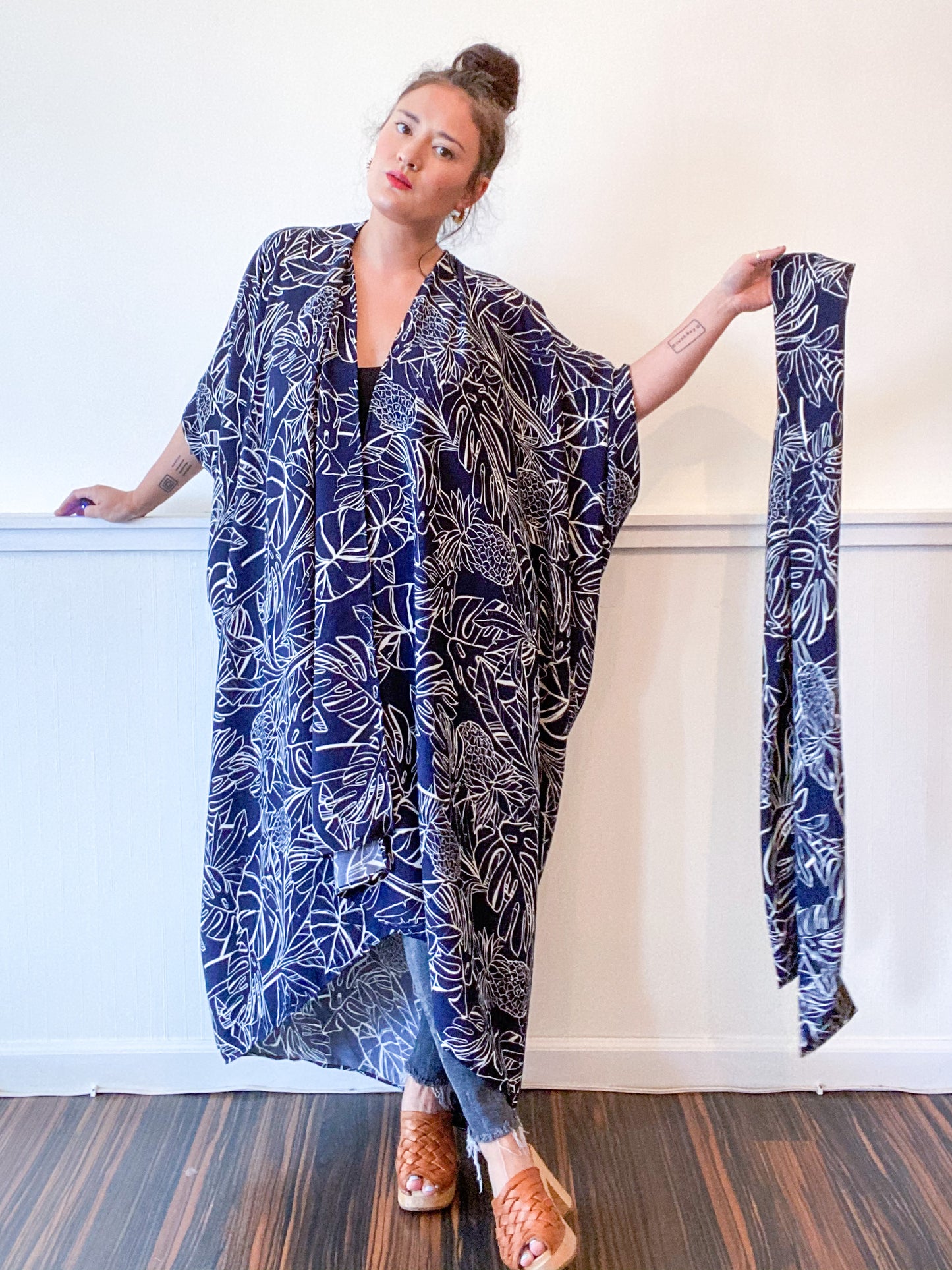 Print High Low Kimono Navy Pineapple Tropical Heavy Crepe