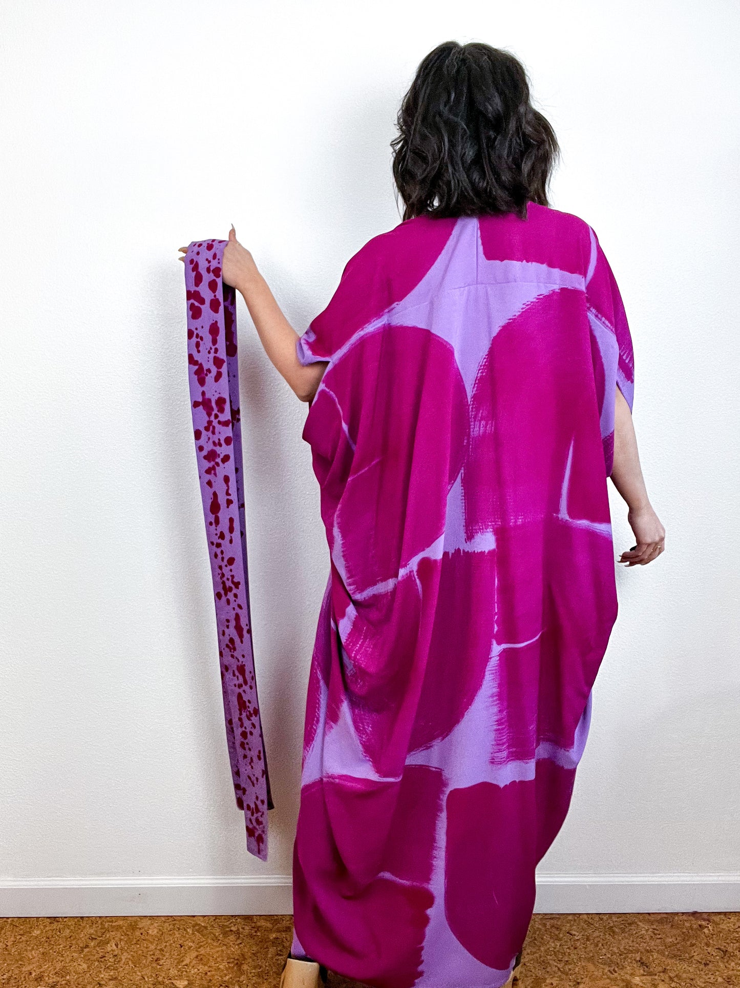 Hand-Dyed High Low Kimono Lilac Fuchsia Brushstroke