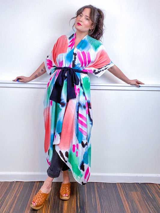 OOAK Hand-Dyed High Low Kimono Multicolor Watercolor Brushstroke