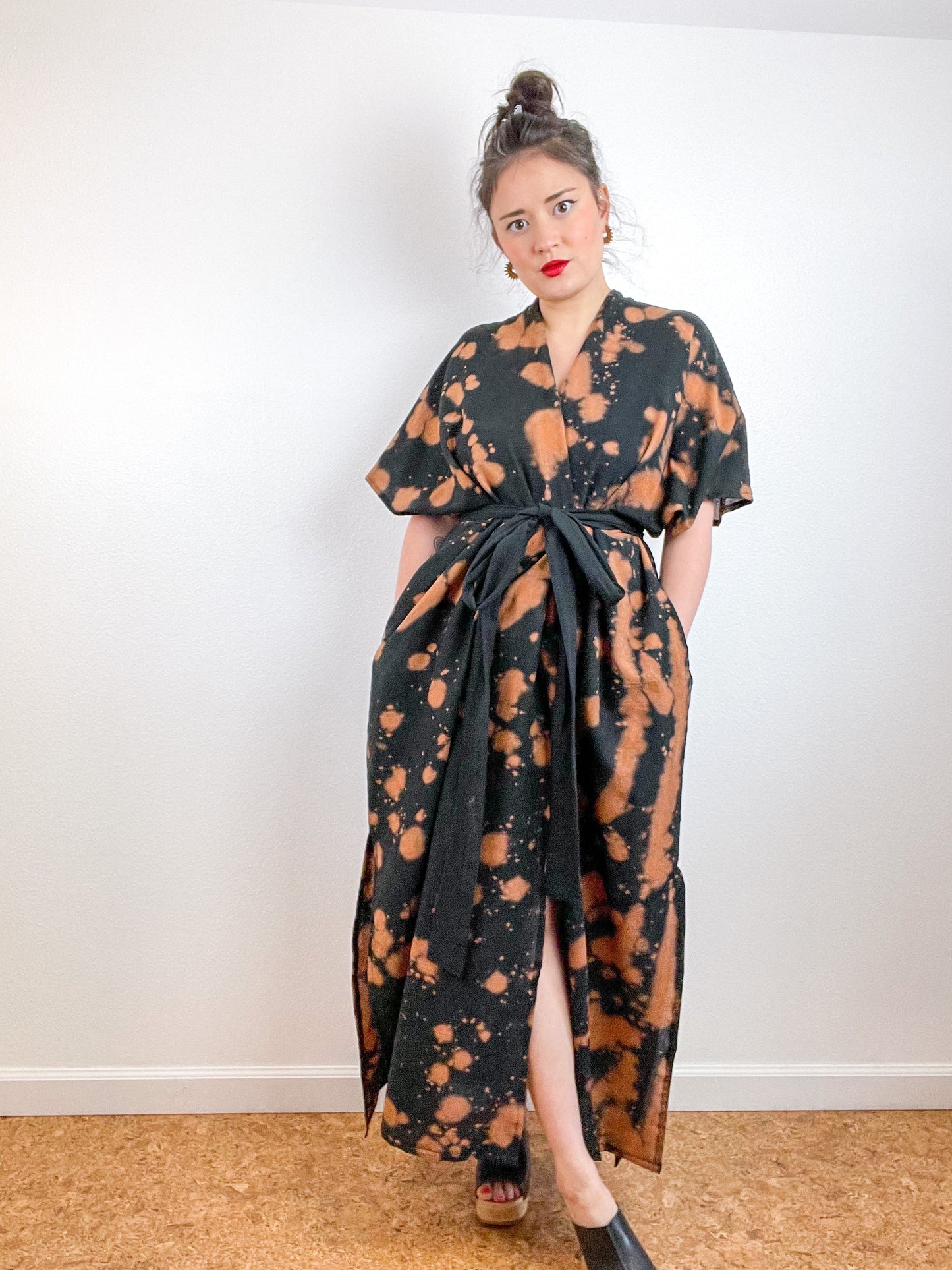 Single Gauze Duster Kimono Black Rust Speckle