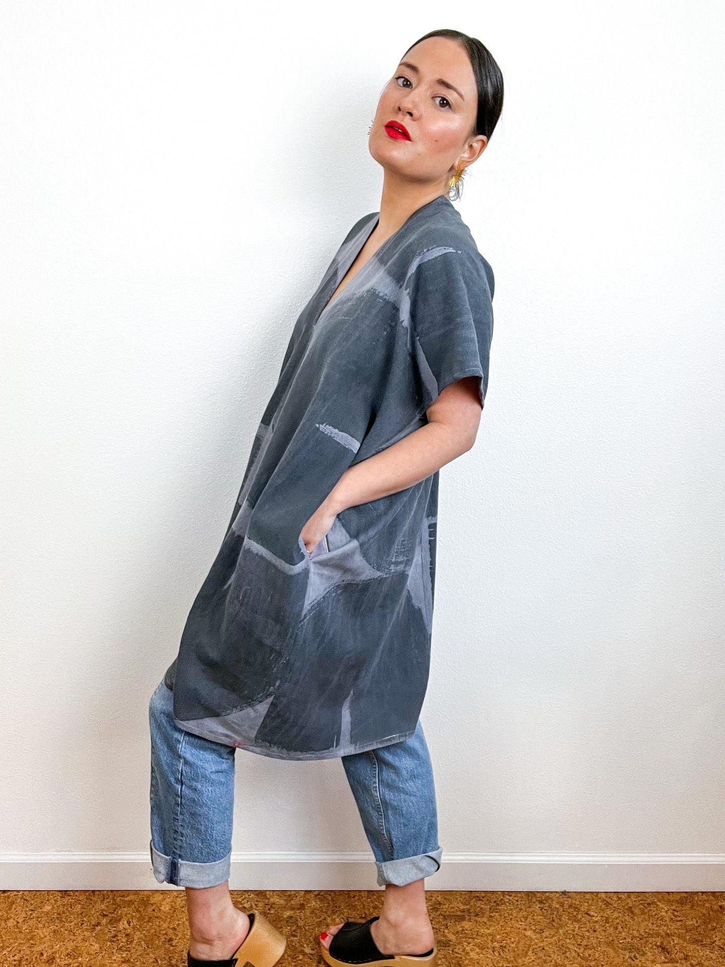 Hand-Dyed Mini Smock Dress Lavender Graphite Brushstrokes