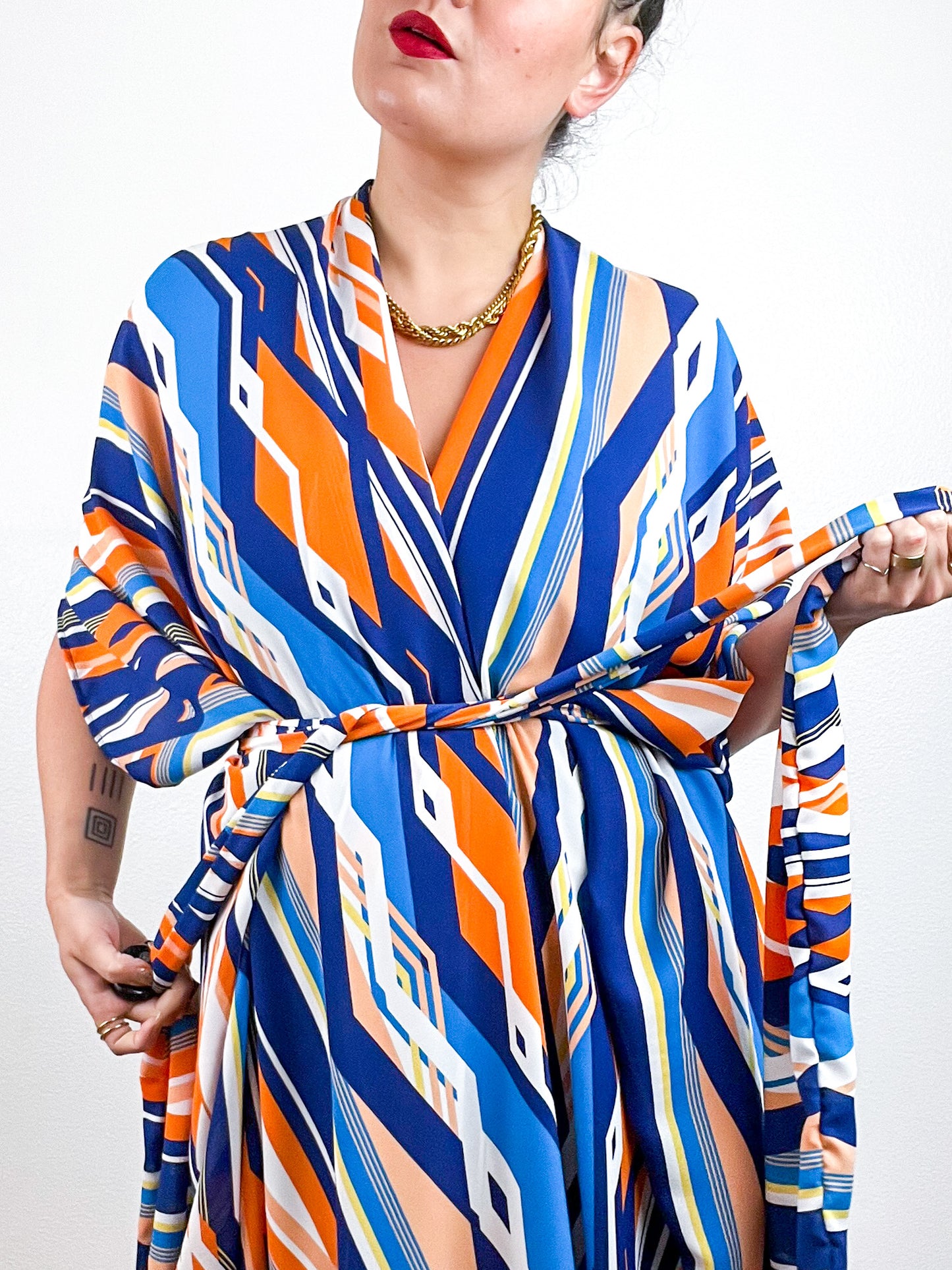 Print High Low Kimono Blue Orange Ziggy Crepe