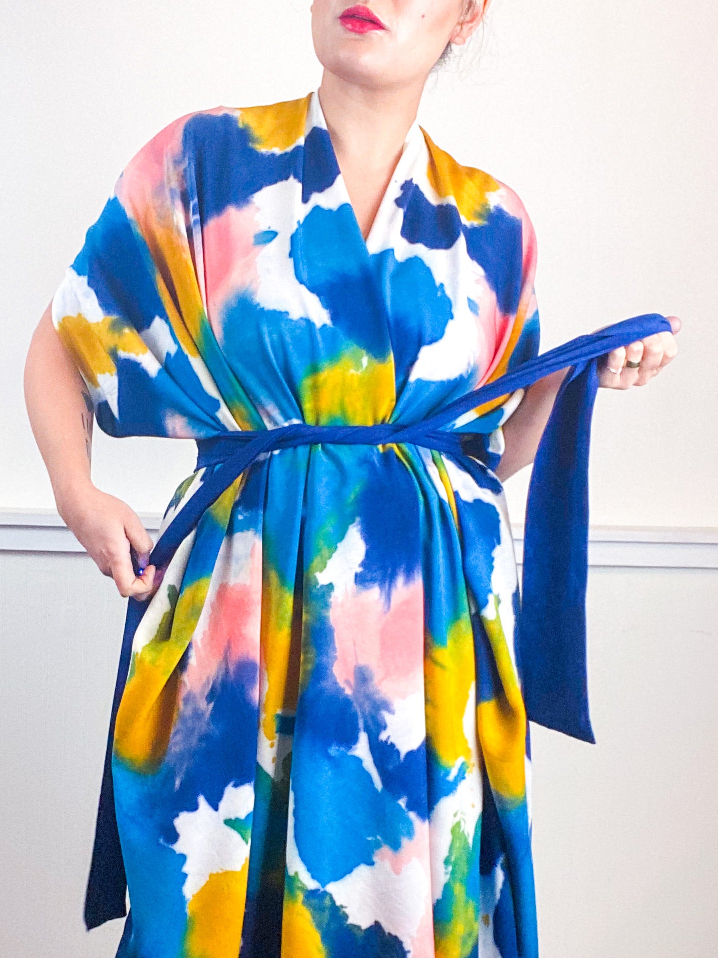 OOAK Hand-Dyed High Low Kimono Marigold Kingfisher Indigo Coral Inkblot