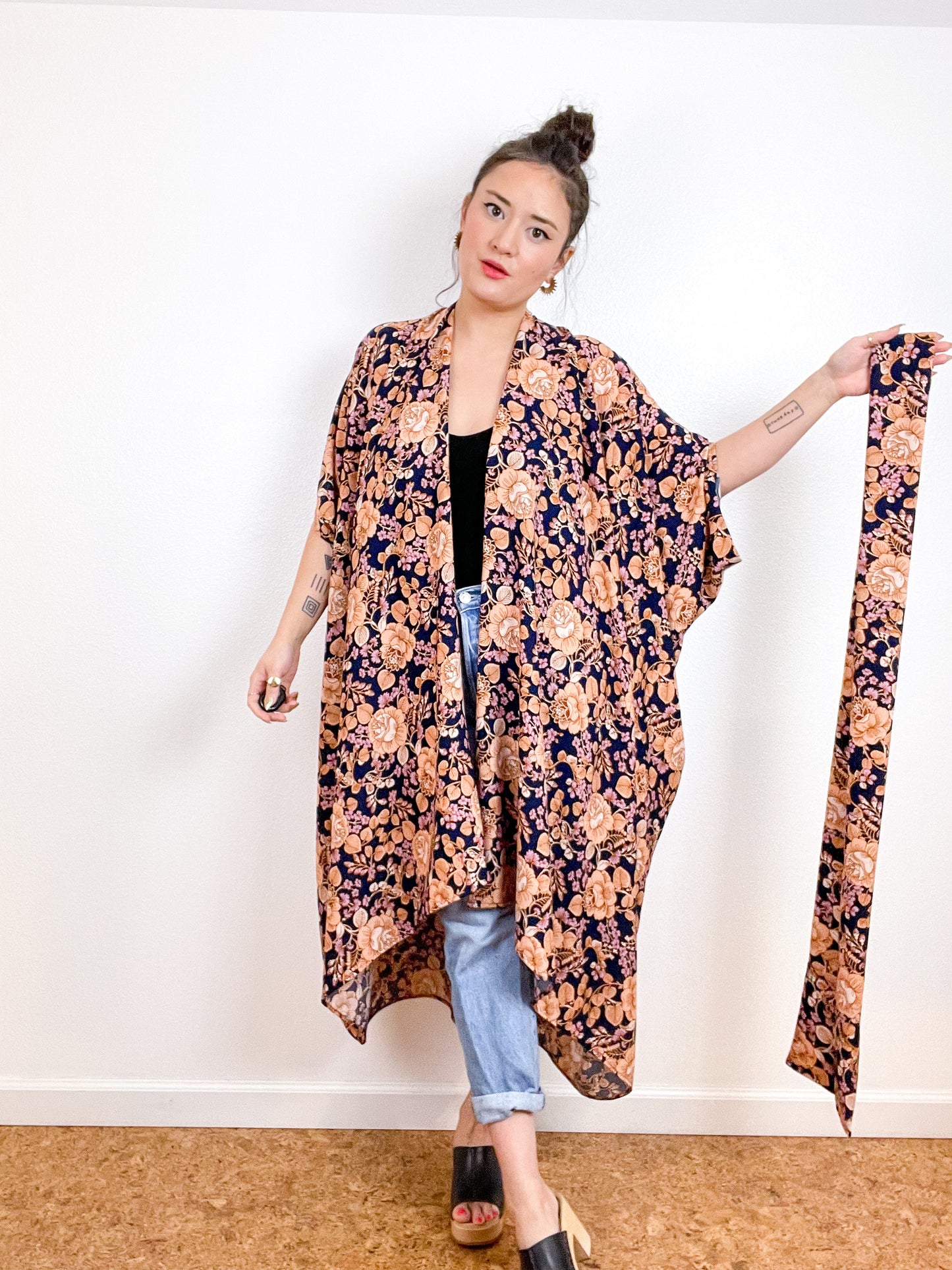 High Low Kimono Navy Peach Boho Rayon Crepe