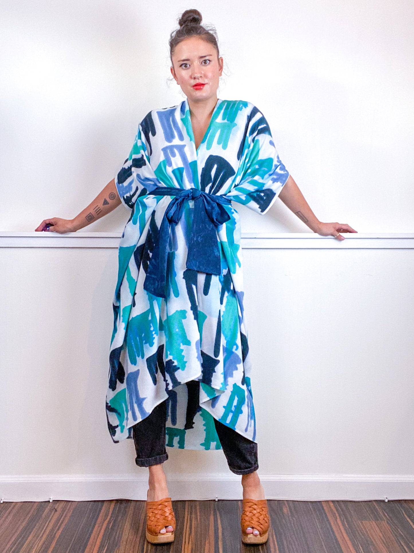 OOAK Hand-Dyed High Low Kimono Teal Parakeet Baby Blue Aqua Drips