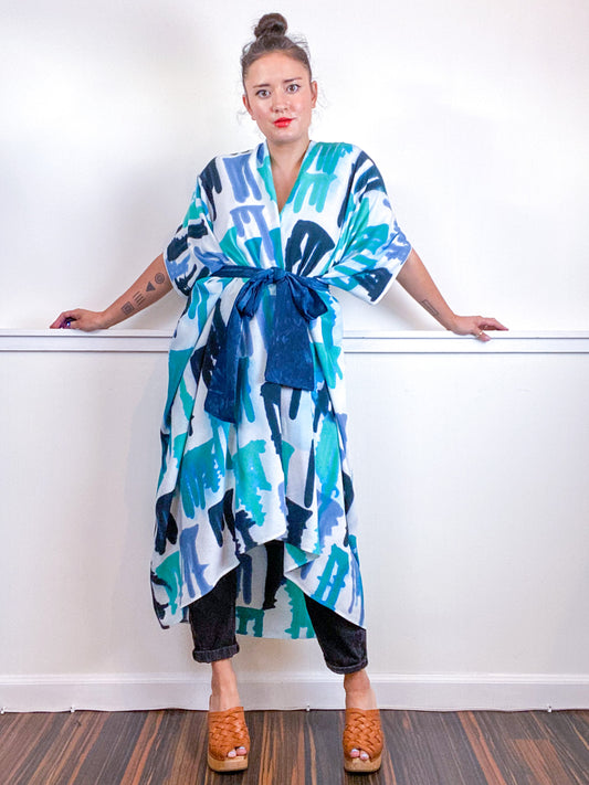 OOAK Hand-Dyed High Low Kimono Teal Parakeet Baby Blue Aqua Drips