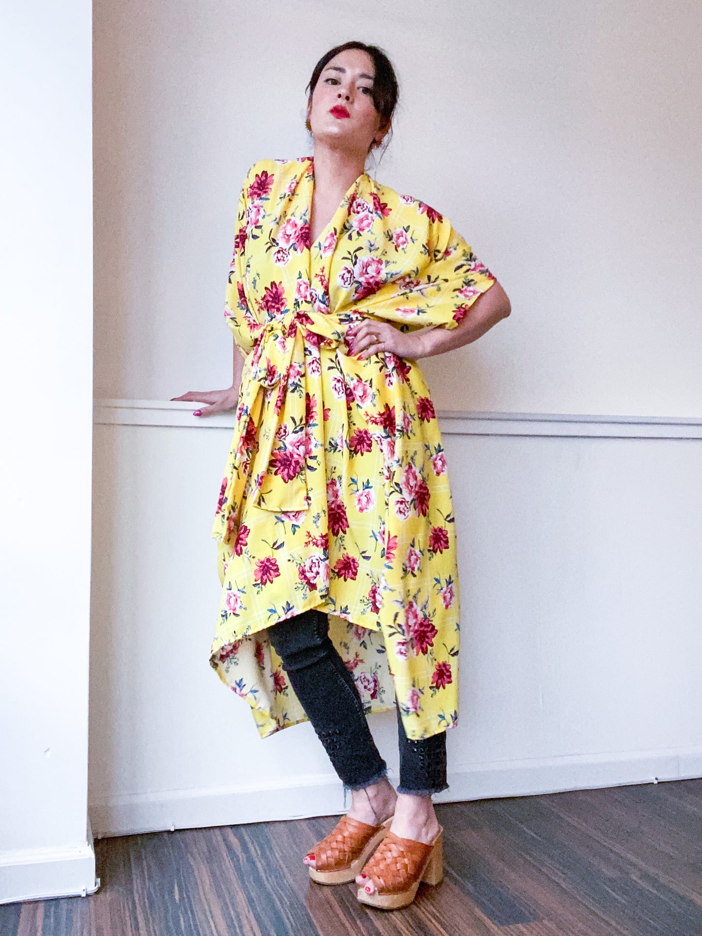 Print High Low Kimono Yellow Grid Floral Rayon Challis