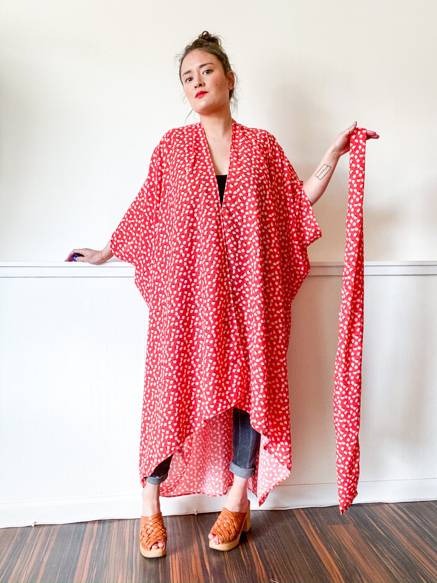Print High Low Kimono Red Mini Floral