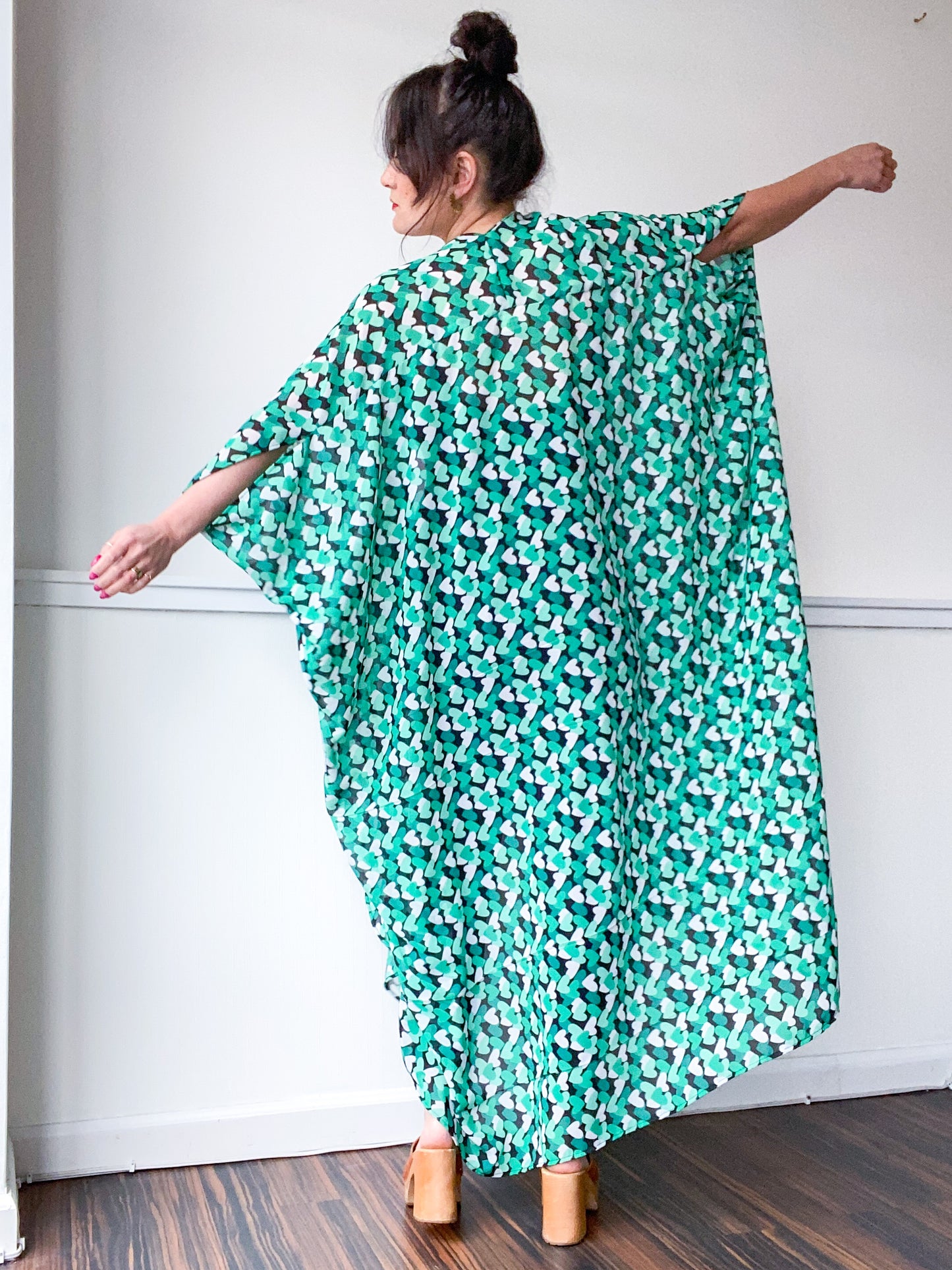 Print High Low Kimono Emerald Hearts