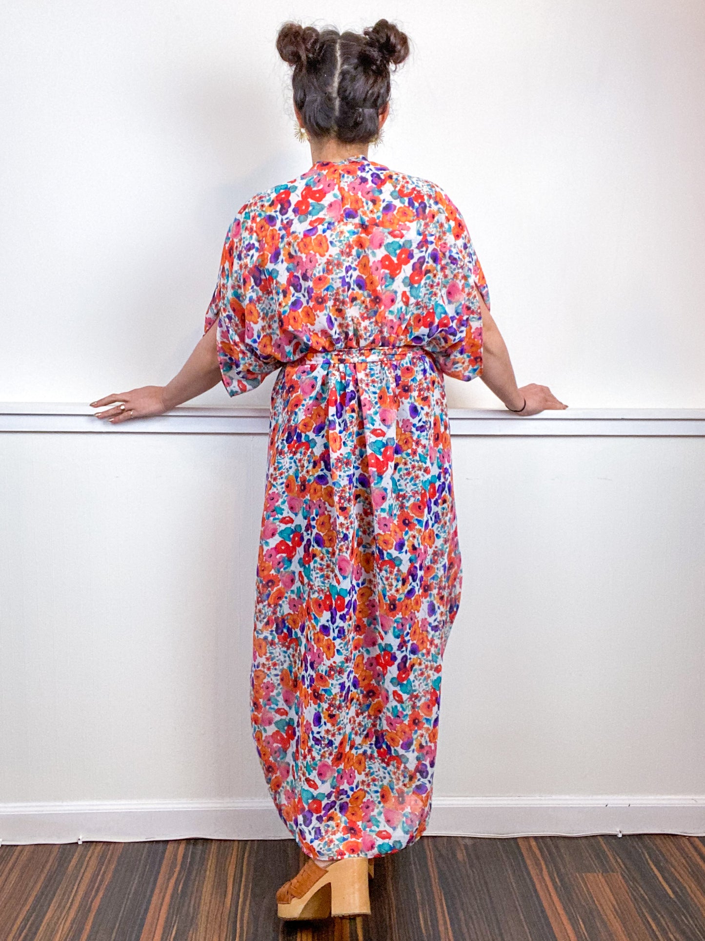 Print High Low Kimono Multicolor Watercolor Chiffon