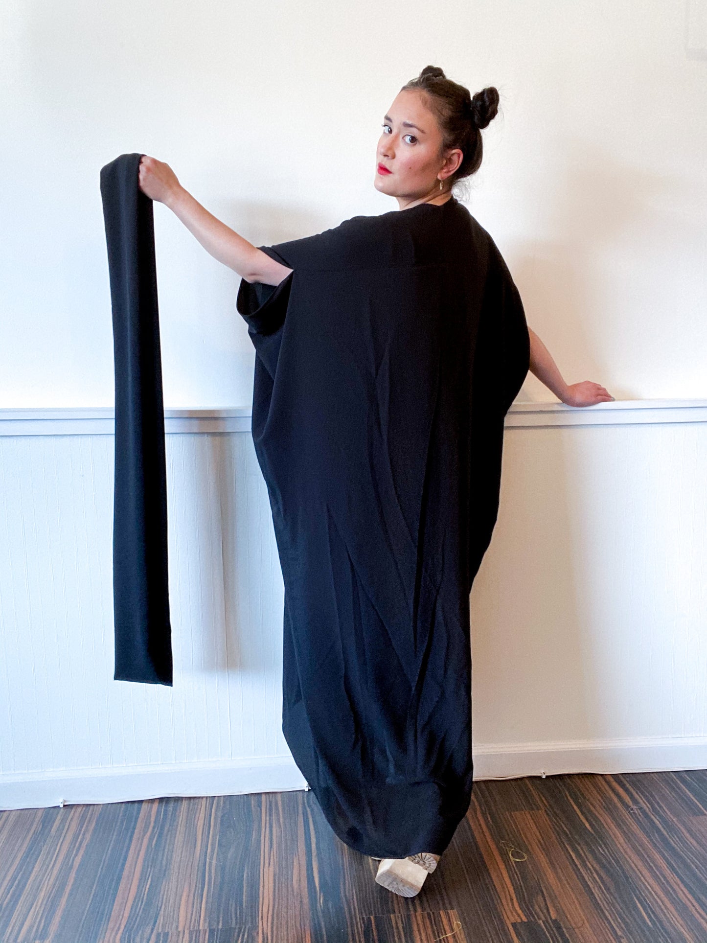 Solid High Low Kimono Black Crepe De Chine